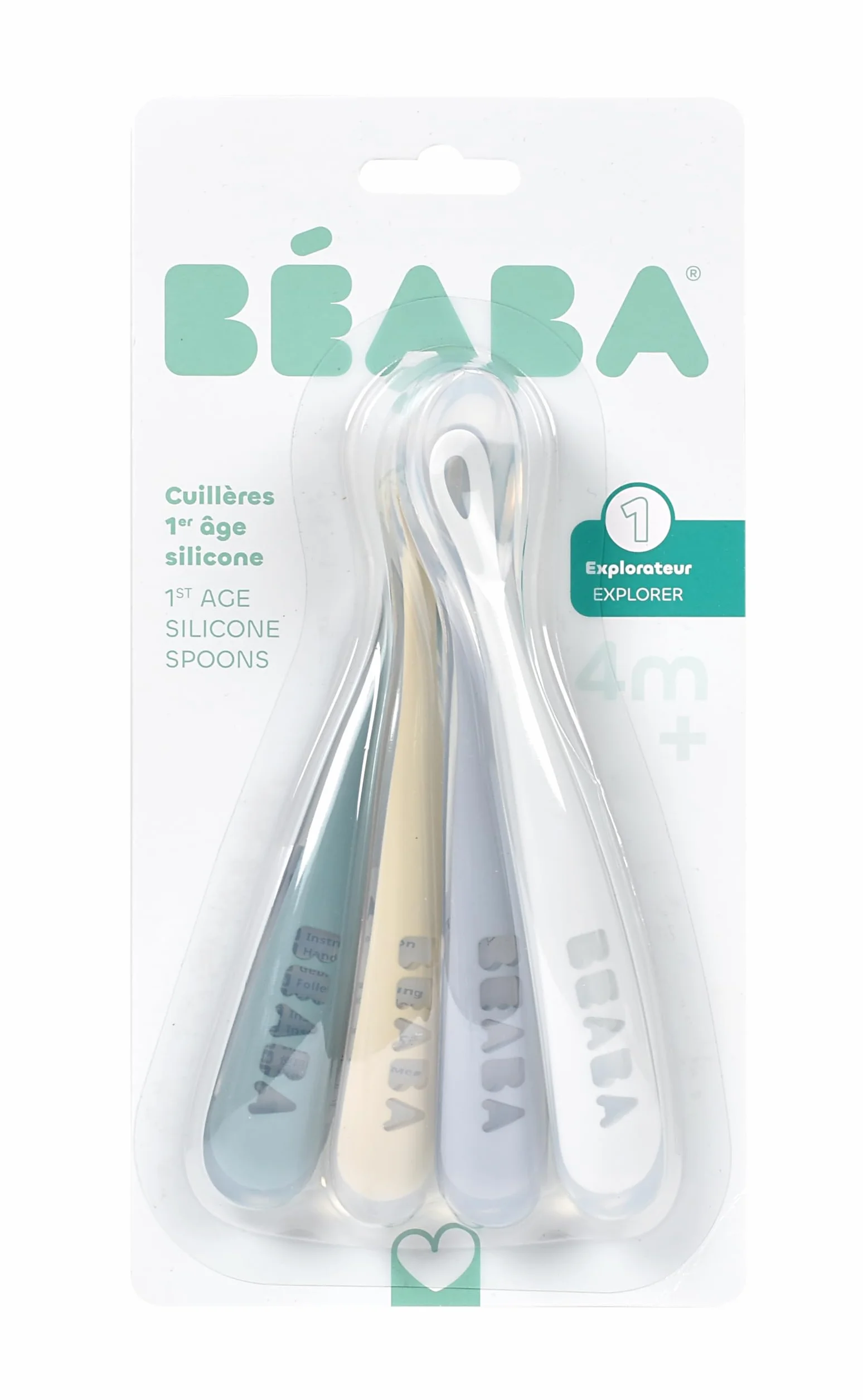 Béaba Lot de 4 Cuillères en Silicone Bébé 1er Âge Dès 4 Mois Souple Bout Arrondi Manche Long Ergonomique