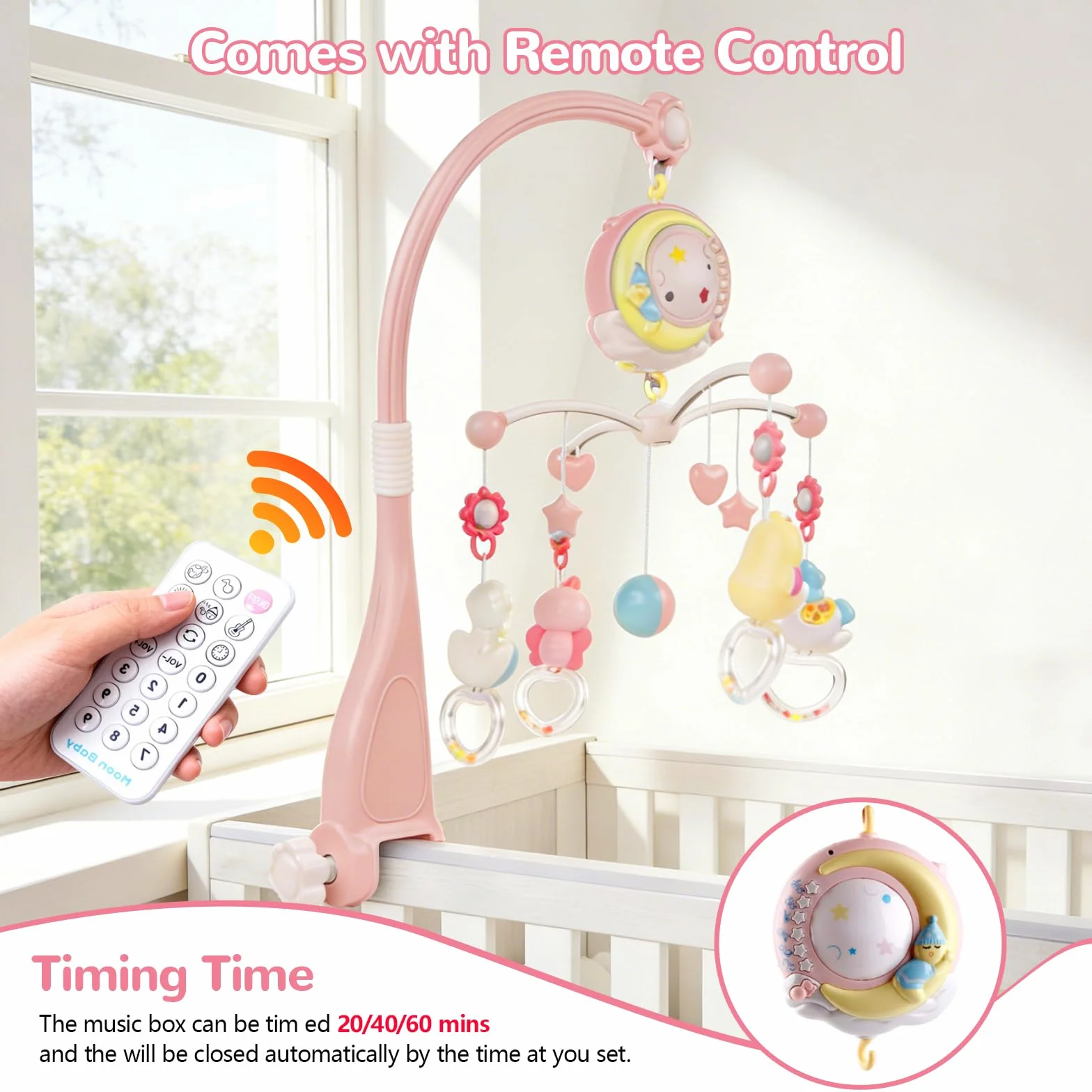 Mobile Musical Lit Bébé avec Veilleuse et Projecteur, 150 Berceuses, Hochets Rotatifs, Boîte à Musique, Télécommande