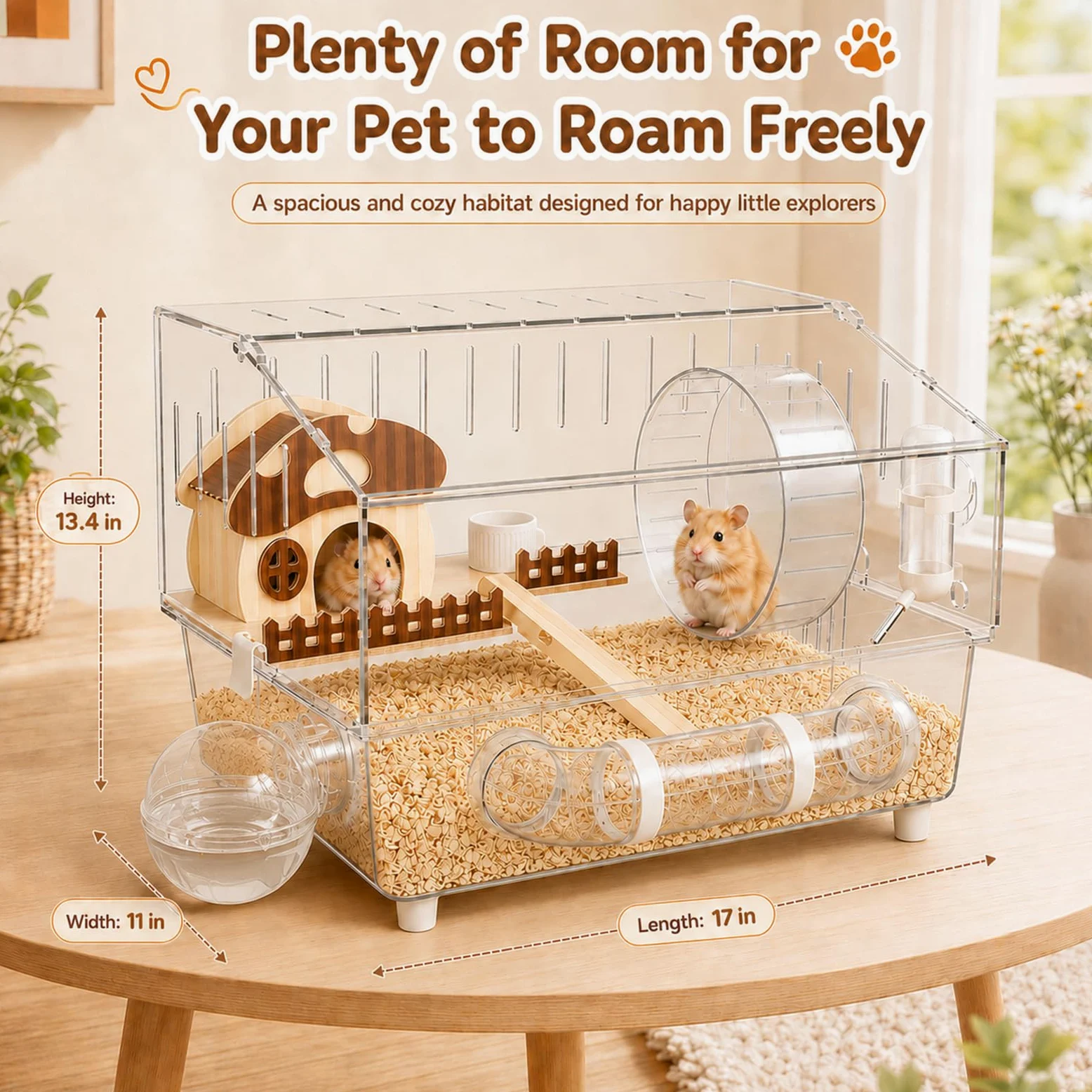 Grande cage à hamster en acrylique avec accessoires, habitat pour hamster à 2 couches avec roue d'exercice, tunnel et plate-forme, cage à souris transparente pour hamsters nains, gerbilles et petits