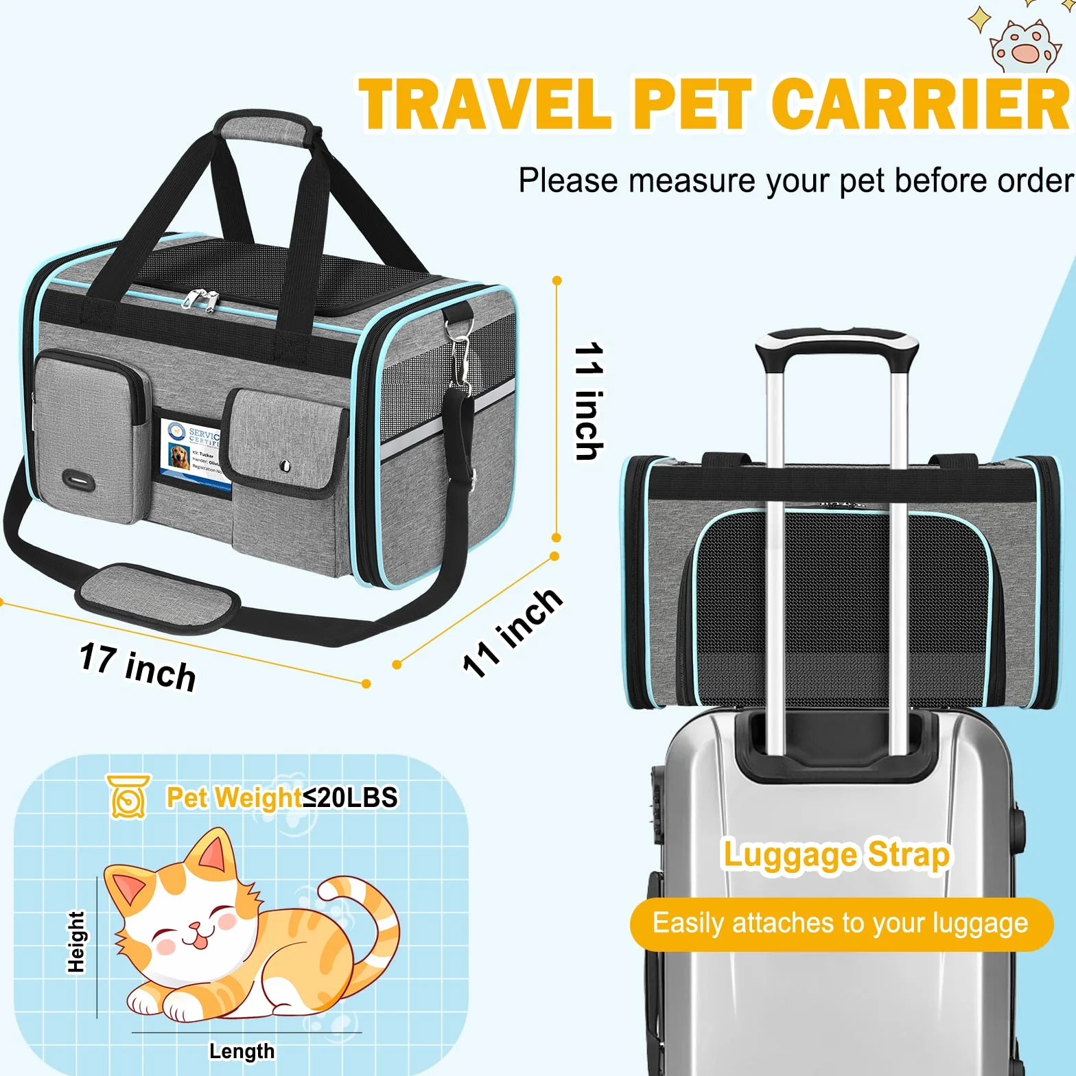 TEUEN Sac Transport Chat Chien Approuvé Aviation Pliable 9kg Tissu Oxford 600D Matelas Amovible Lavable Laisse Sécurité Voyage