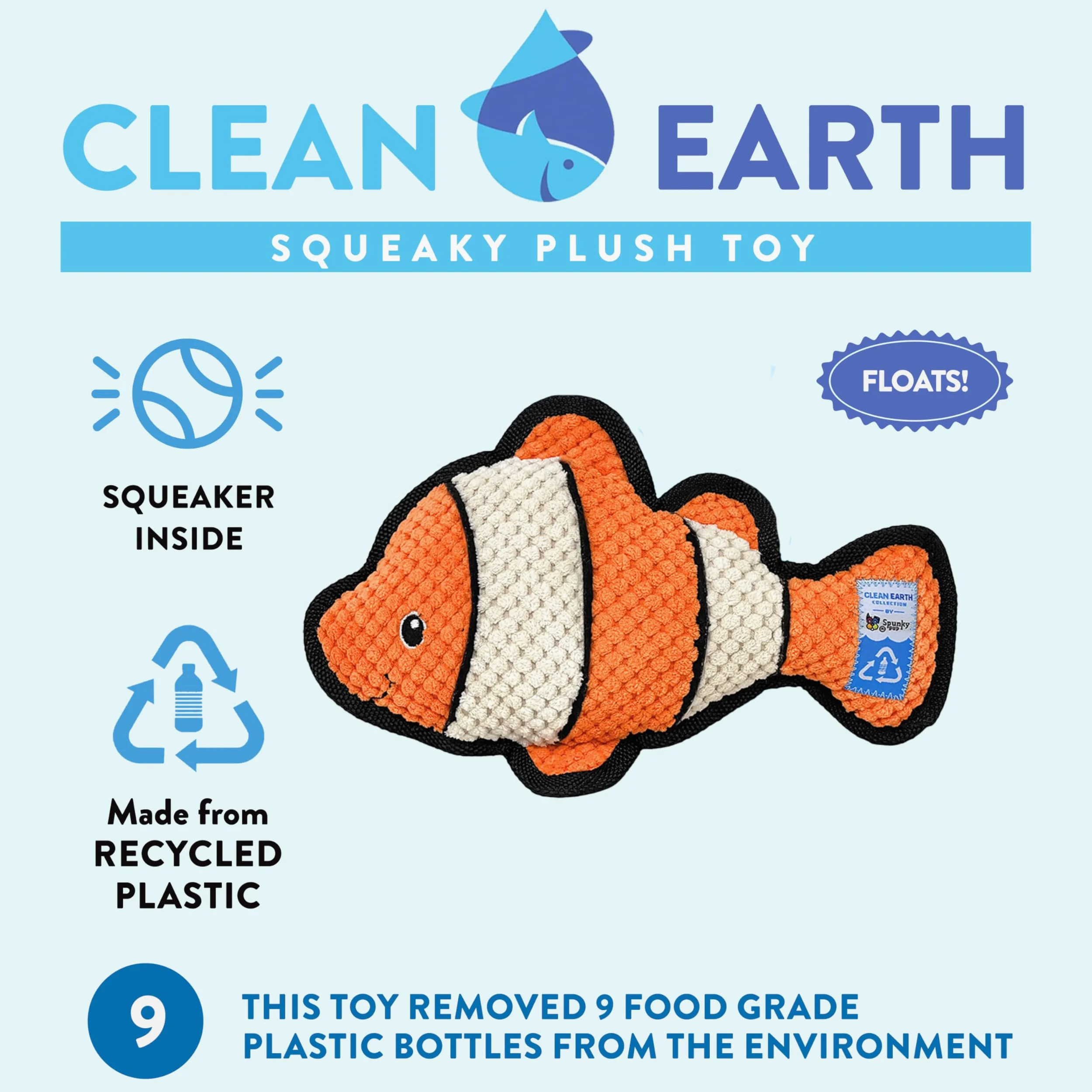 Spunky pup Clean Earth Jouet en peluche pour chien avec couineur – Recyclé, respectueux de l'environnement, flotteur pour la plage, le lac, la piscine – Poisson clown