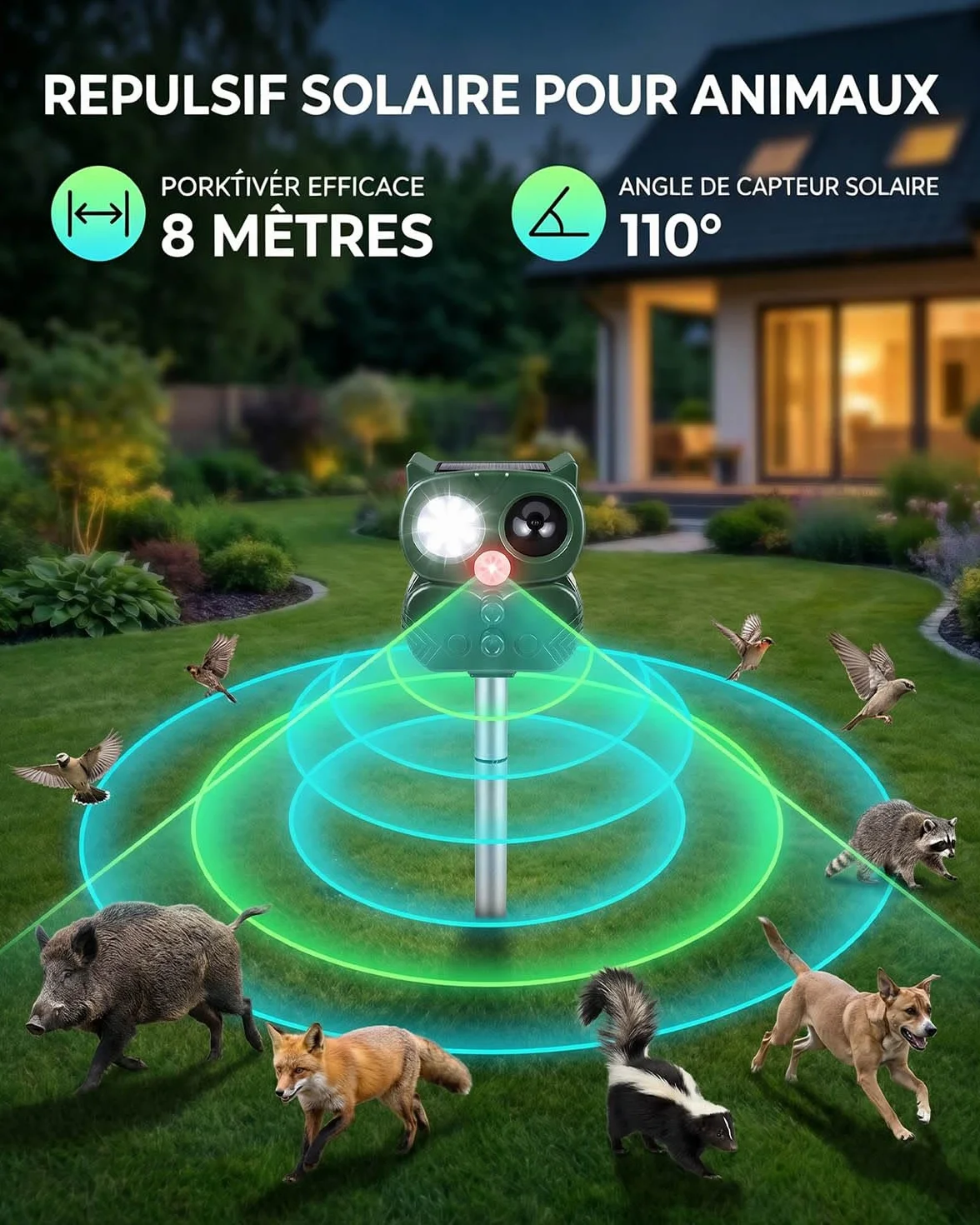 Répulsif Chat Extérieur Ultrason Solaire & USB, 5 Modes Réglables, IP65 Étanche pour Jardin Terrasse