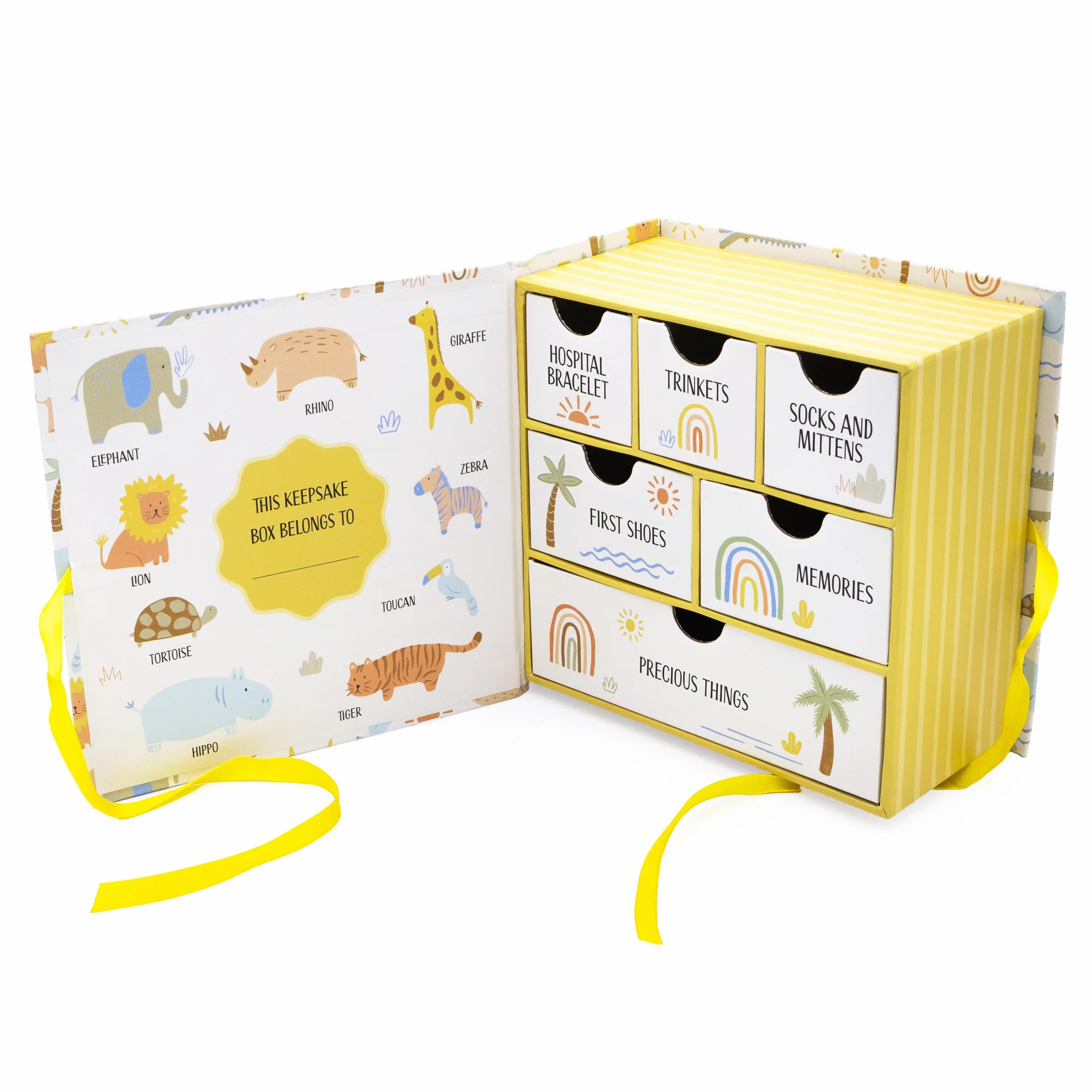 Boîte à souvenirs bébé 6 tiroirs Berceuse animaux fermeture ruban