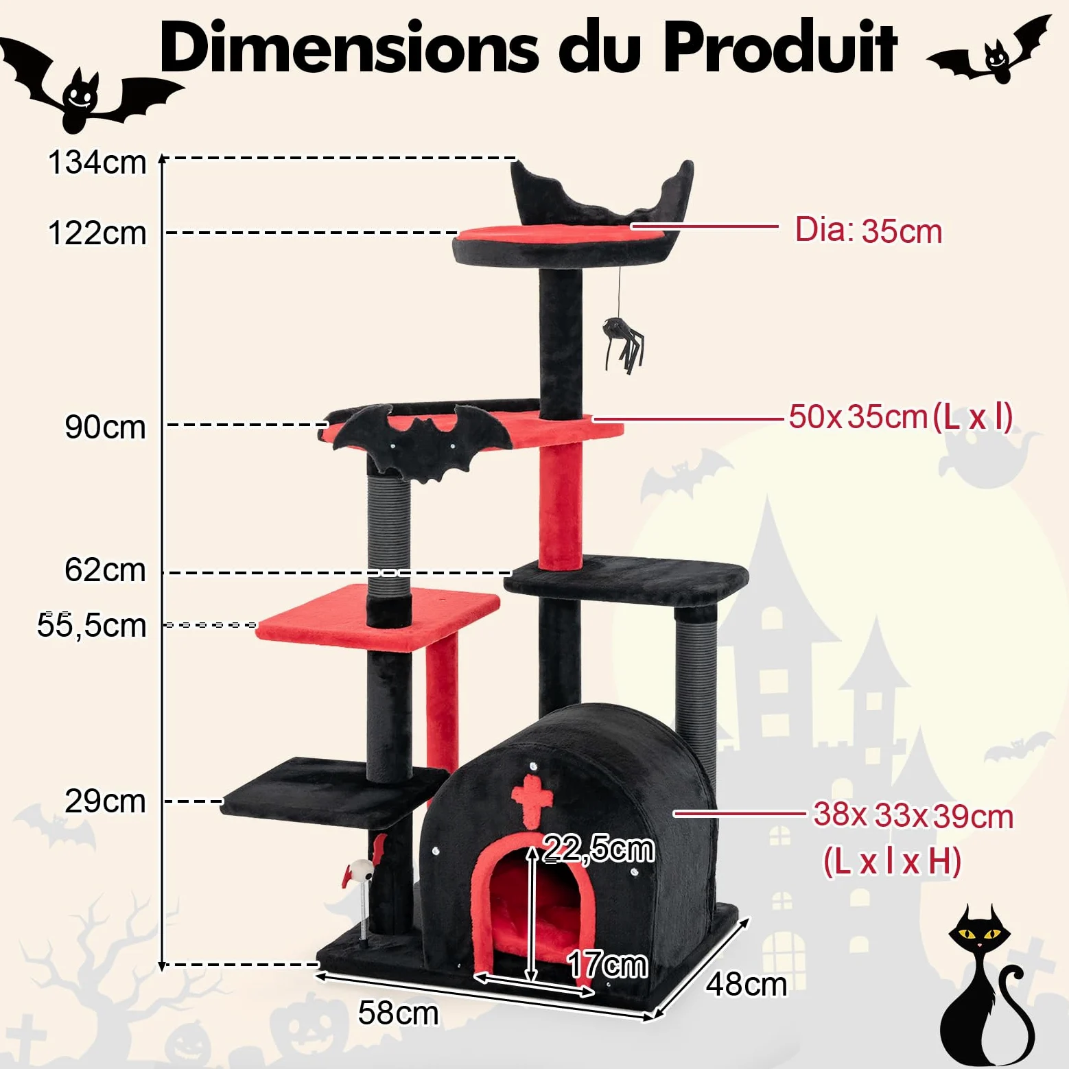 GOPLUS Arbre a Chat Style Gothique, Hauteur 133 CM, Arbre a Chat XXL à 6 Niveaux avec Poteaux à Gratter Sisal, Perchoir, Hamac, Niche Forme Coffin avec Coussin Amovible, Jouet Suspendu, Rouge et Noir