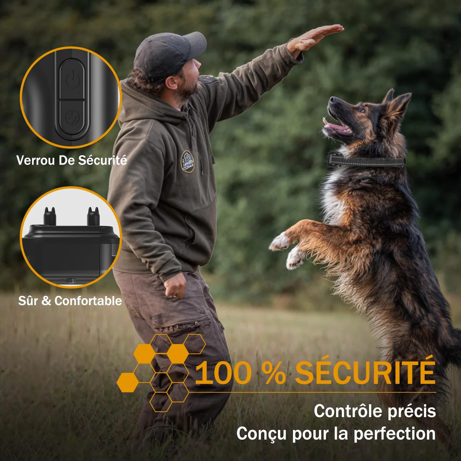 Collier de Dressage pour Chien IP67 1000m Double Canal avec Verrouillage de Sécurité Noir