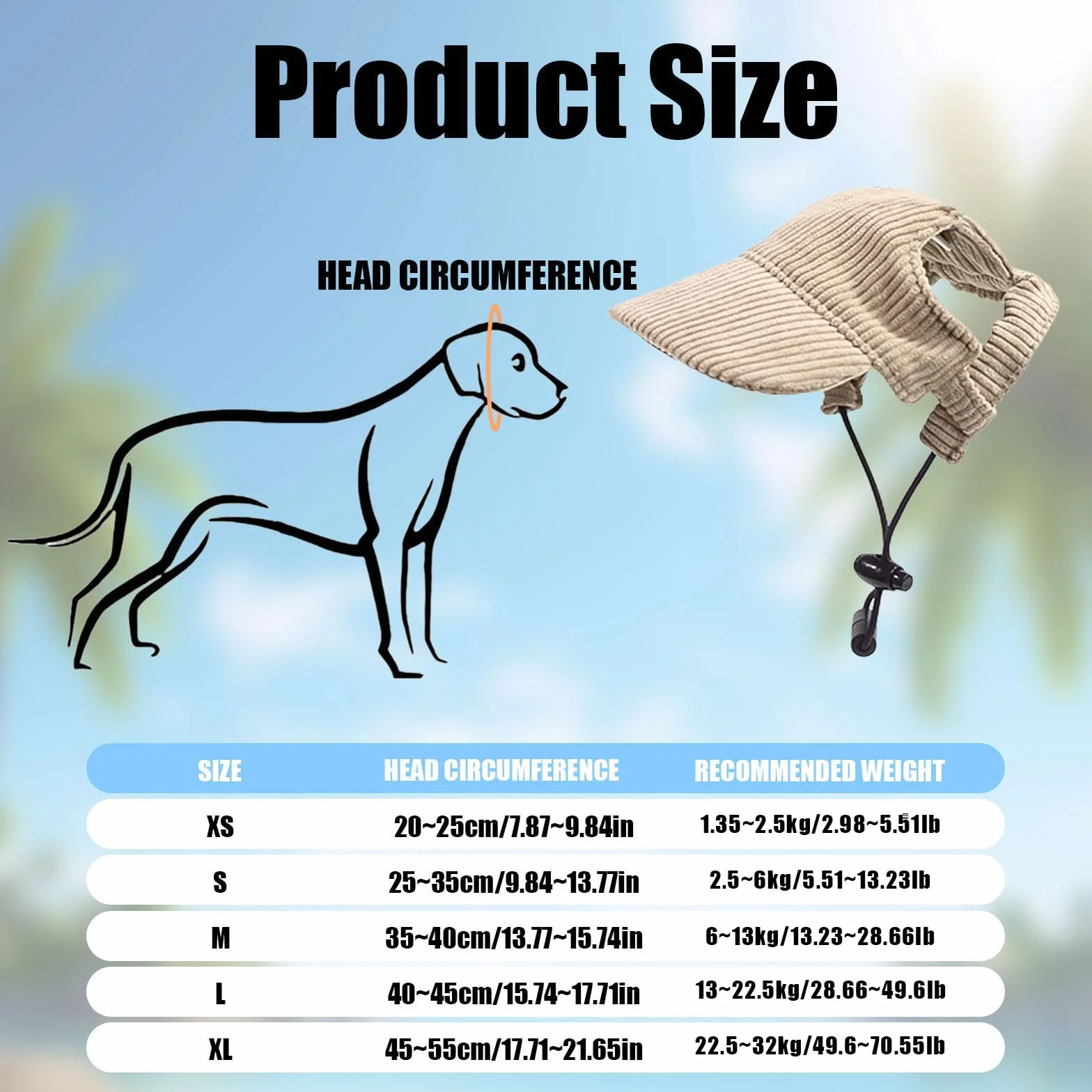 Casquette de baseball chien réglable protection solaire trous oreilles kaki taille XS