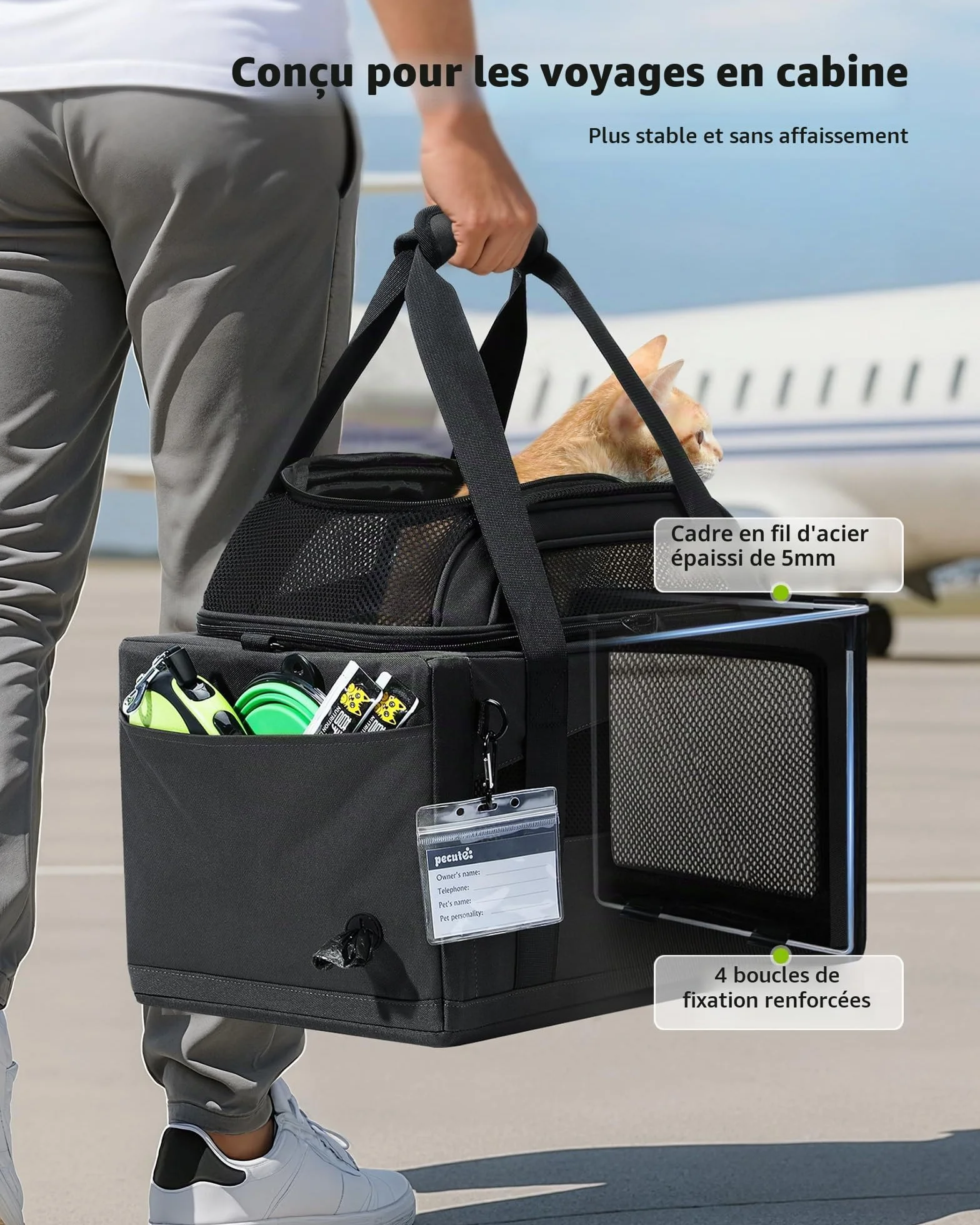 Pecute Sac de Transport pour Chat Extension Supérieure, Cadre Ultra Stable, Pliable, Gris Foncé