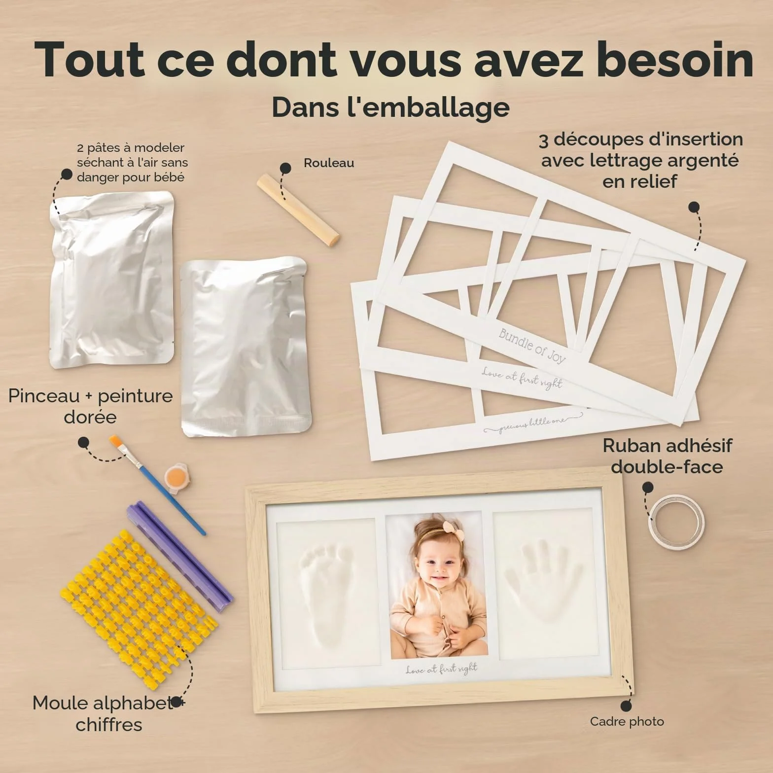 Kit d'empreintes de mains et de pieds de bébé – Cadre souvenir nouveau-né, cadeaux personnalisés pour bébé