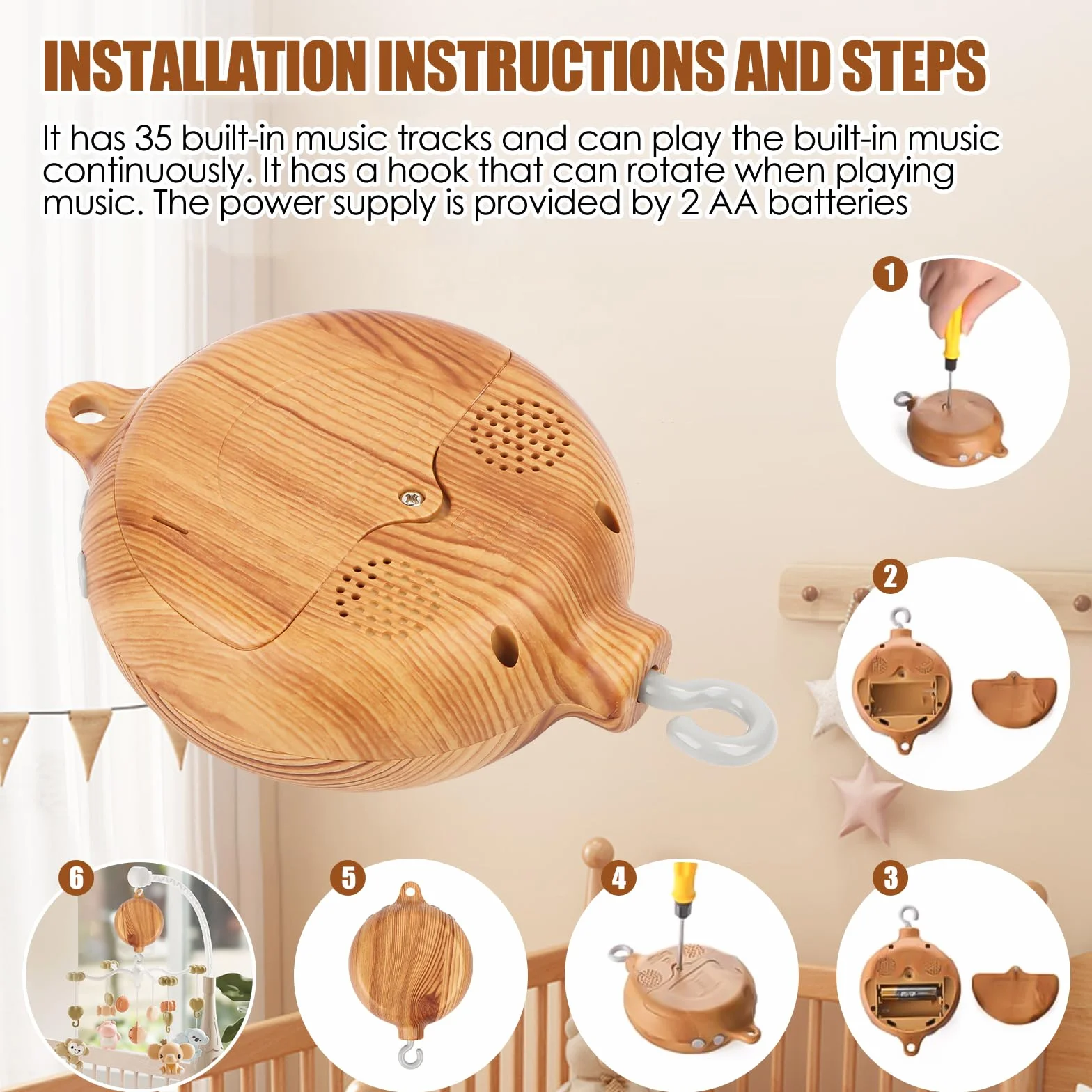 Boîte à musique mobile pour bébé avec crochet rotatif – Jouet de crèche à piles – 35 mélodies