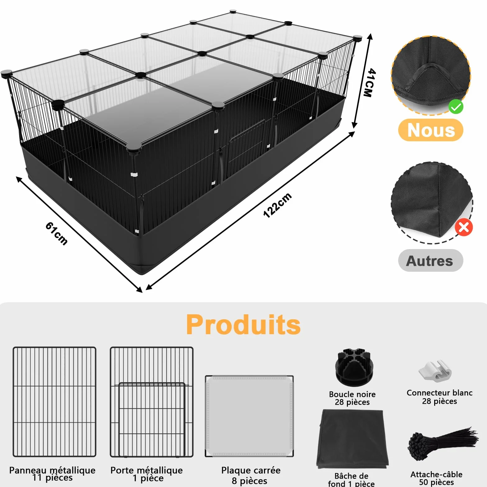 Aystkniet Cage pour Lapins et cochons d'Inde avec Couvercle et revêtement de Sol imperméable - 122CM x 60CM x 40CM Cage pour Petits Animaux avec Triple mesures de sécurité et Crochets en Un clic