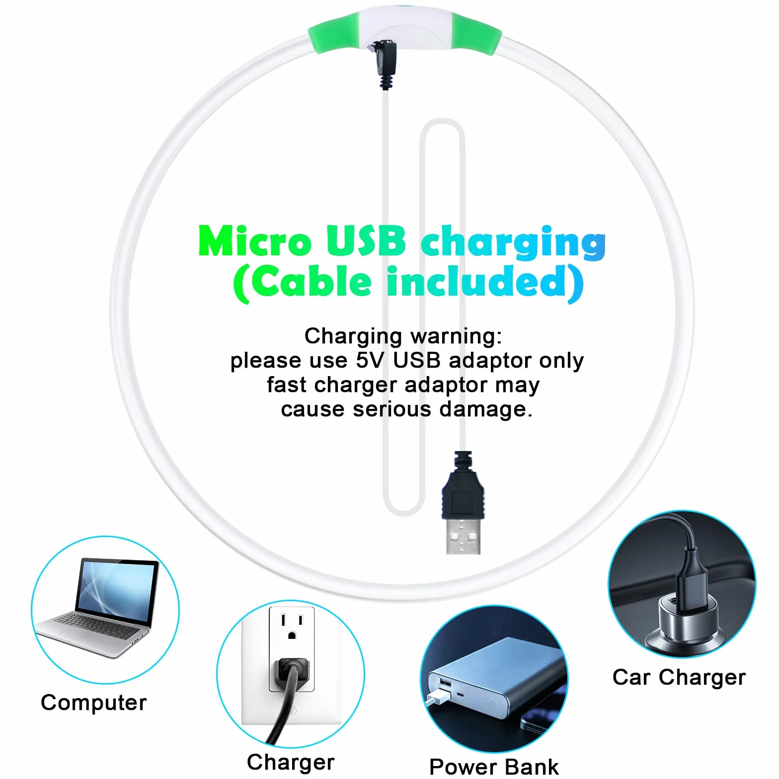 Collier lumineux à LED pour chien rechargeable USB longueur réglable étanche 3 modes vert