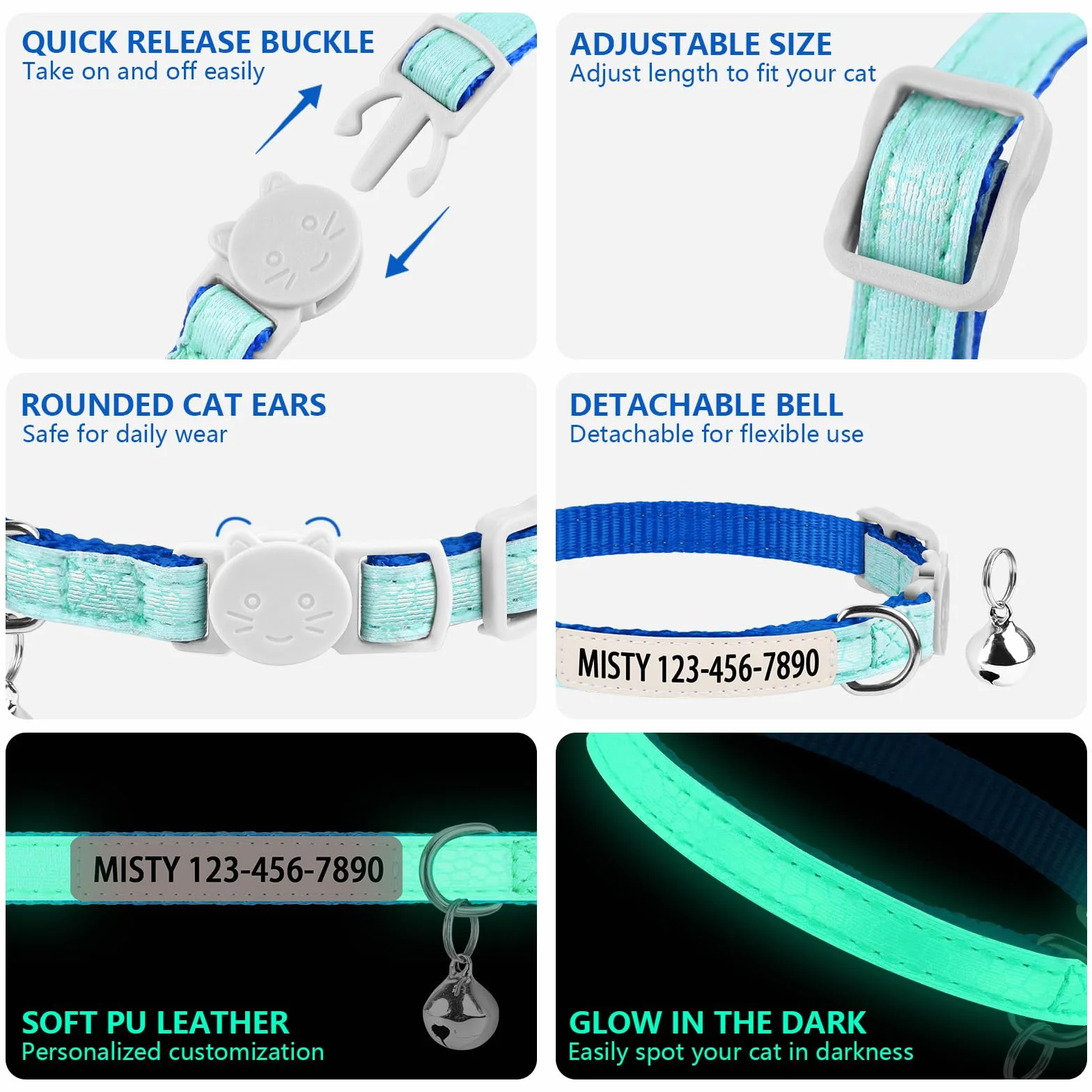 Collier phosphorescent personnalisé pour chat avec nom et numéro de téléphone, collier lumineux réglable à dégagement rapide