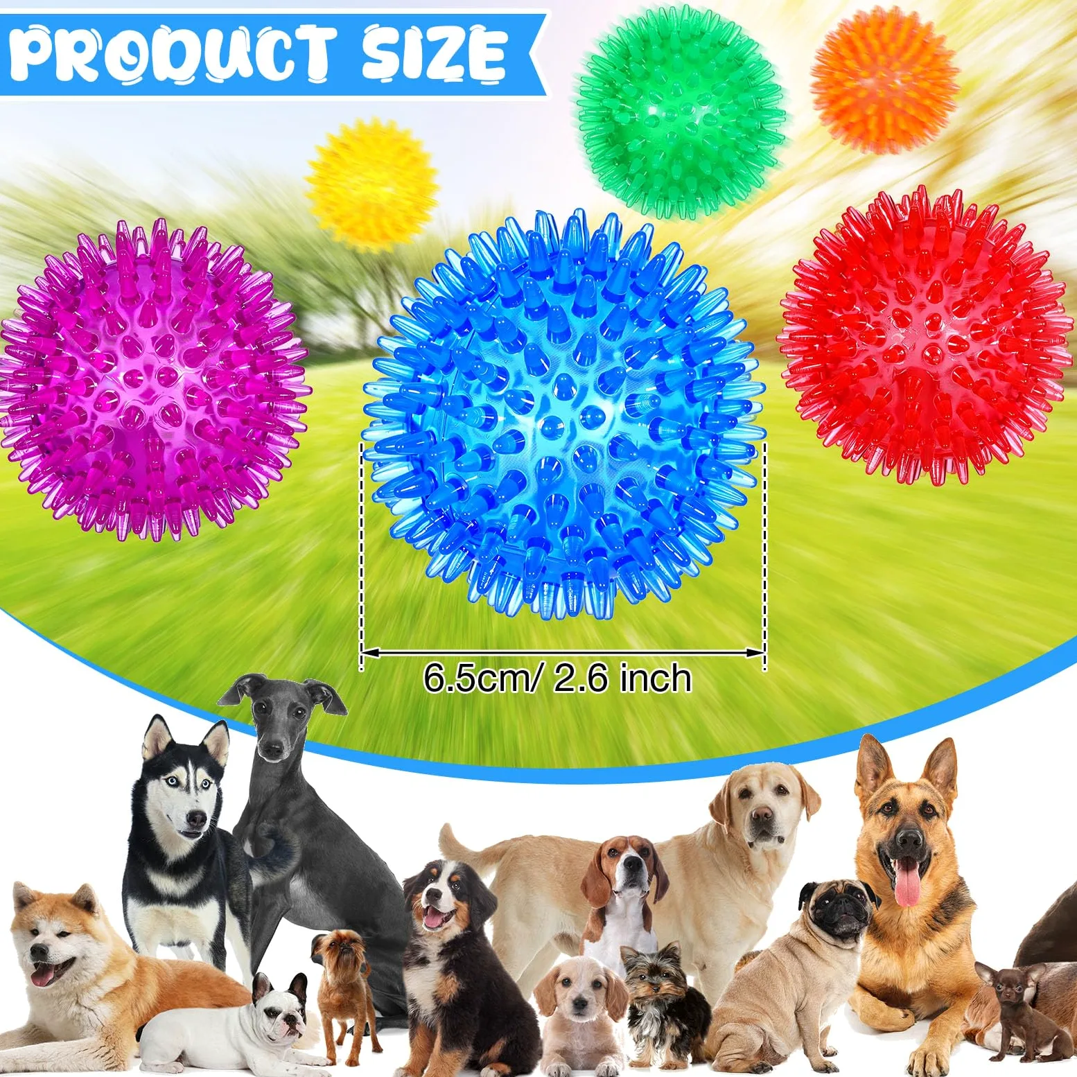 Yunsailing Lot de 24 jouets couineurs pour chien de 6,5 cm - Balles à picots à mâcher pour chiens de petite et moyenne taille - Pour nettoyer les dents et l'entraînement (bleu, vert, orange, violet