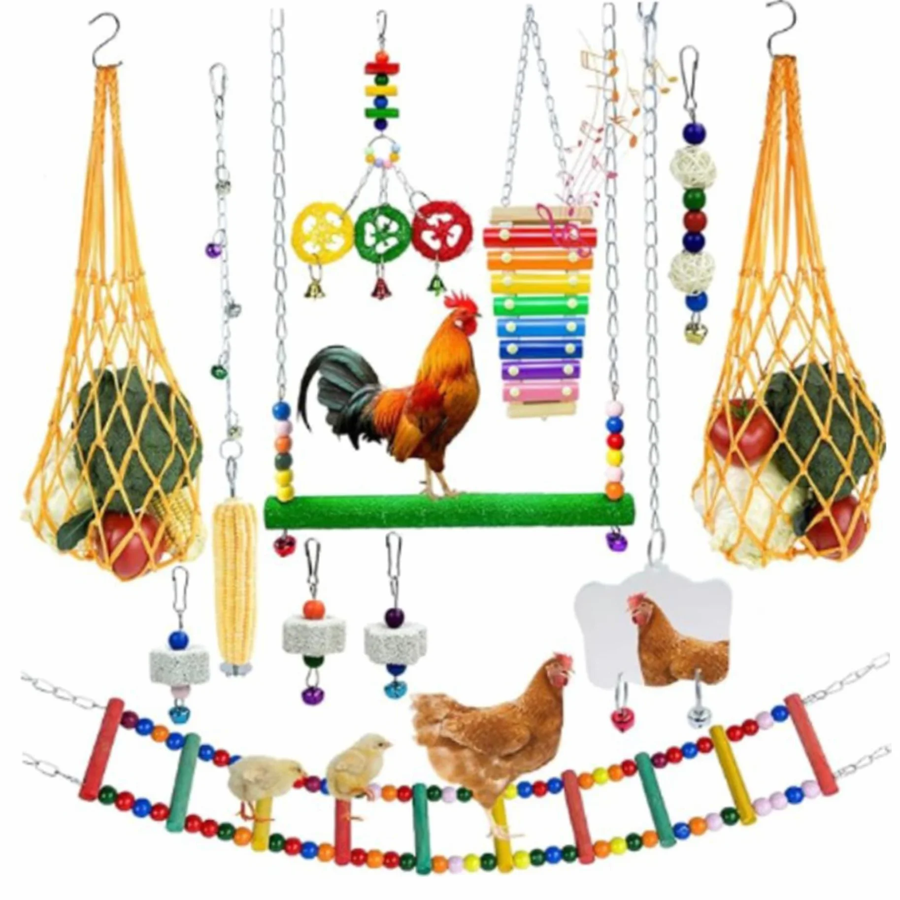 Jouets de Poulet pour poulailler, Ensemble coloré d'enrichissement avec balançoire Xylophone, échelle Flexible, Sac à Cordes, légumes, Fruits, brochette