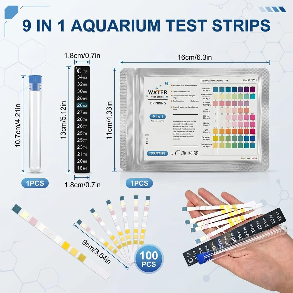 Bandelettes Test Eau Aquarium 9 en 1 Lot de 100, Kit Test Aquarium Eau Douce et Eau Salée