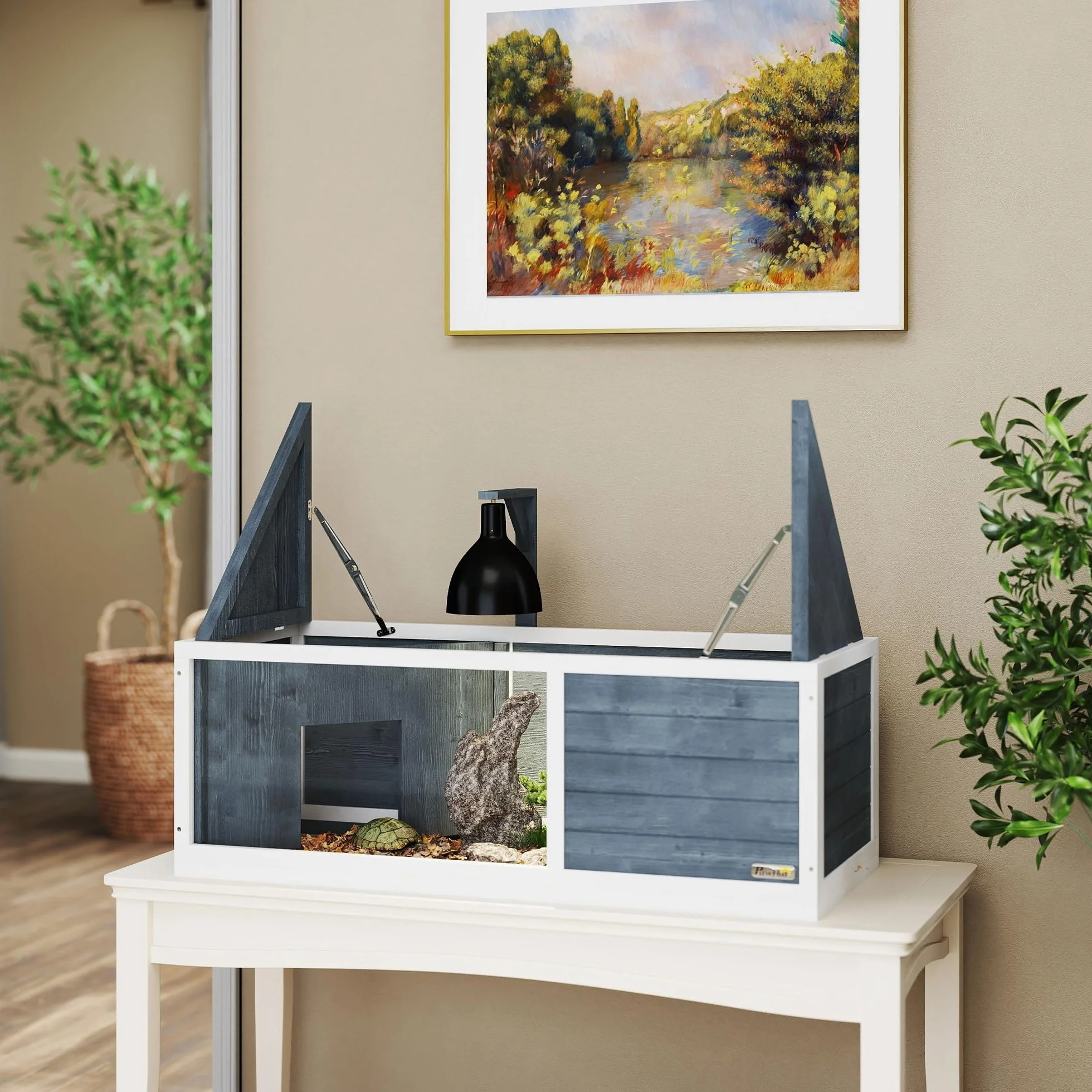 PawHut Maison pour Tortues XL 120 cm Terrarium Tortue terrestre en Bois 2 niches Toit ouvrant Aire de Jeu Ouverte enclos Support Lampe fenêtre panoramique Gris