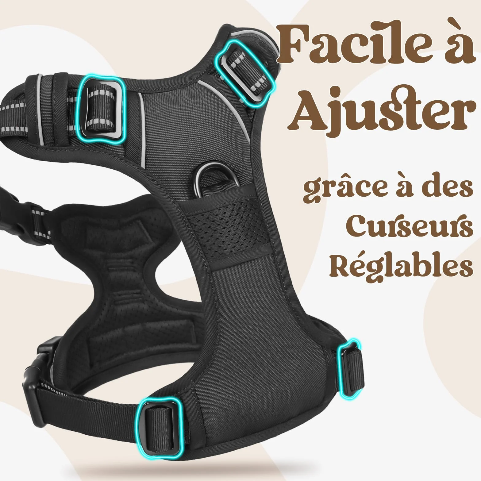 Rabbitgoo Harnais Chien Anti Traction 3 Boucles Réglable Réfléchissant Noir L