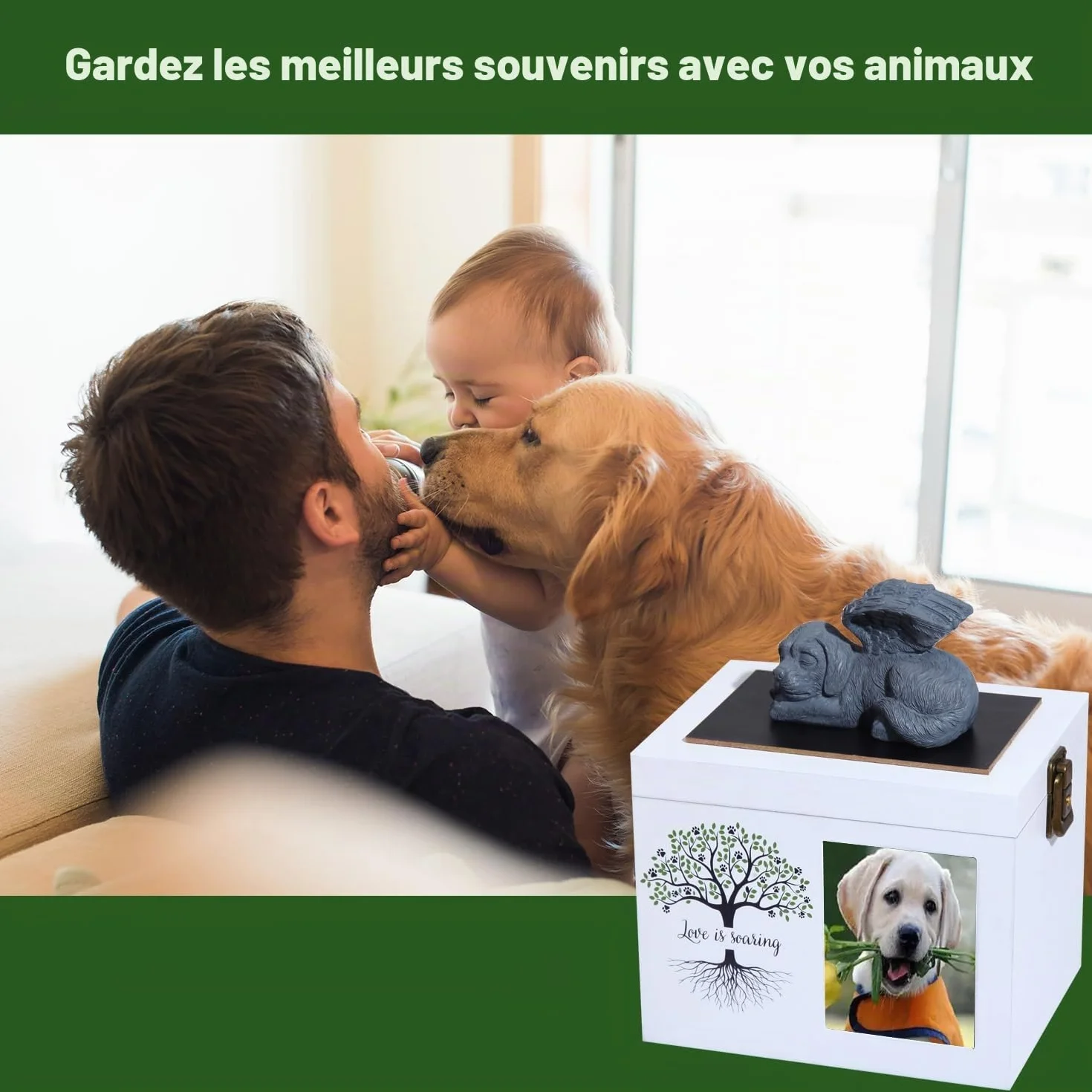 Urne funéraire pour Chien ou Chat en Bois avec Cadre Photo - Boîte à Souvenirs Doublure Flanelle Noire