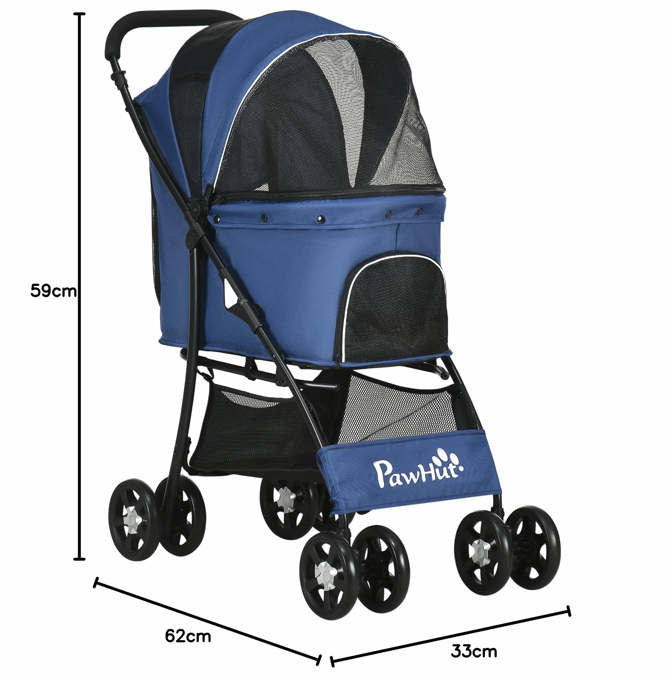 PawHut Poussette Buggy Pliable pour Chien et Chat, Tissu 600D Oxford, 4 Roues, Bleu