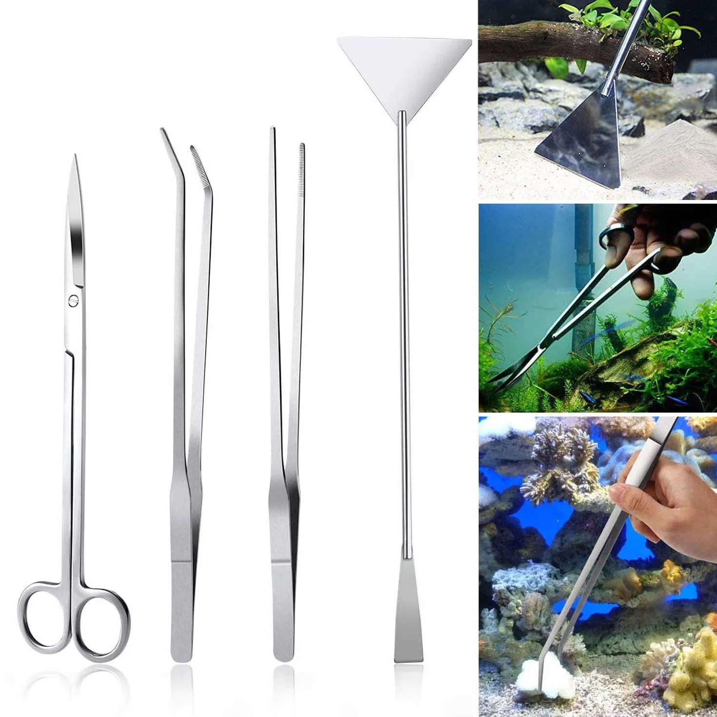Czemo Aquarium Aquascaping Kit 4 en 1 Outils Set Poisson Starter Kits, Pinces à épiler, Ciseaux, Spatule
