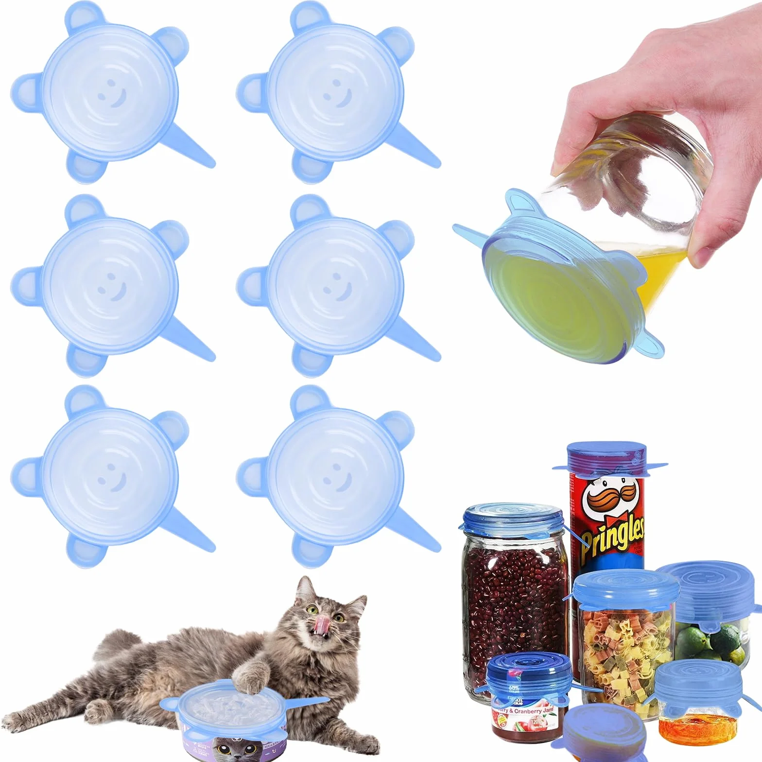 AKONE Lot de 6 couvercles de boîtes de nourriture pour chat - Couvercle en silicone extensible - 400 g / 200 g / 85 g - Pour la plupart des boîtes pour chats