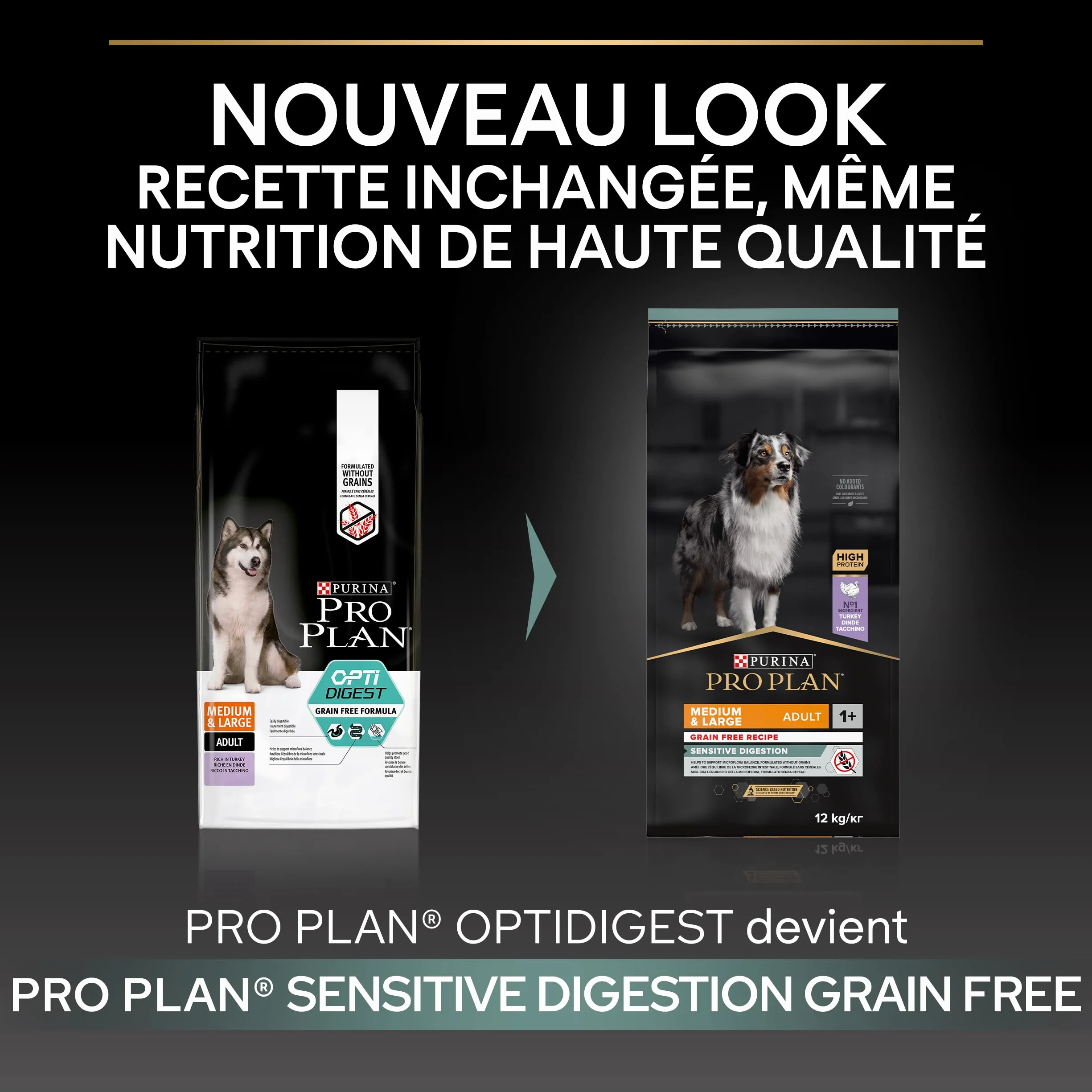 PURINA PRO PLAN Croquettes sans céréales pour chien adulte grande taille Digestion Sensible Dinde 12kg
