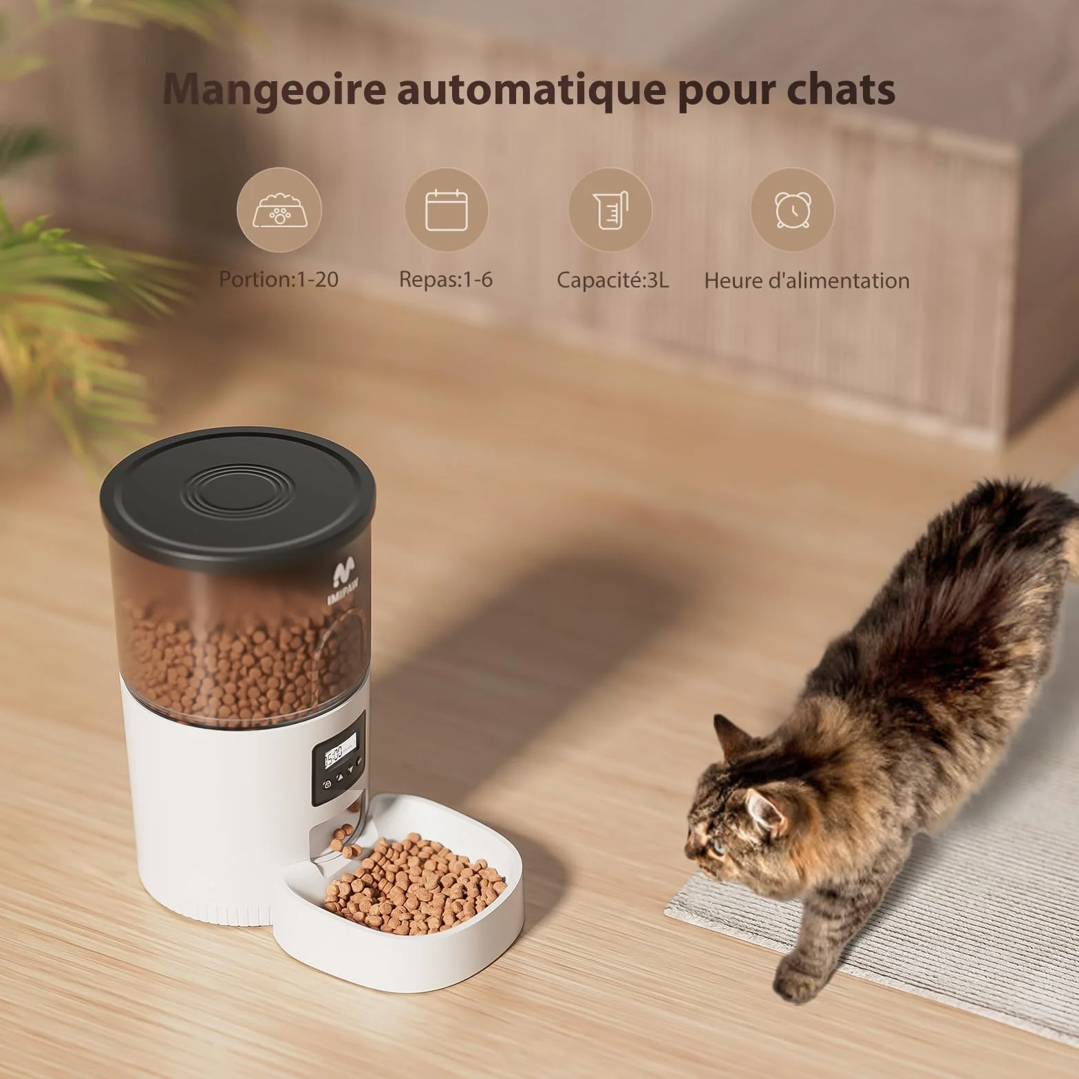 Distributeur Croquettes Chat Automatique Minuterie Programmable 1-6 Repas Jour Blanc 3L