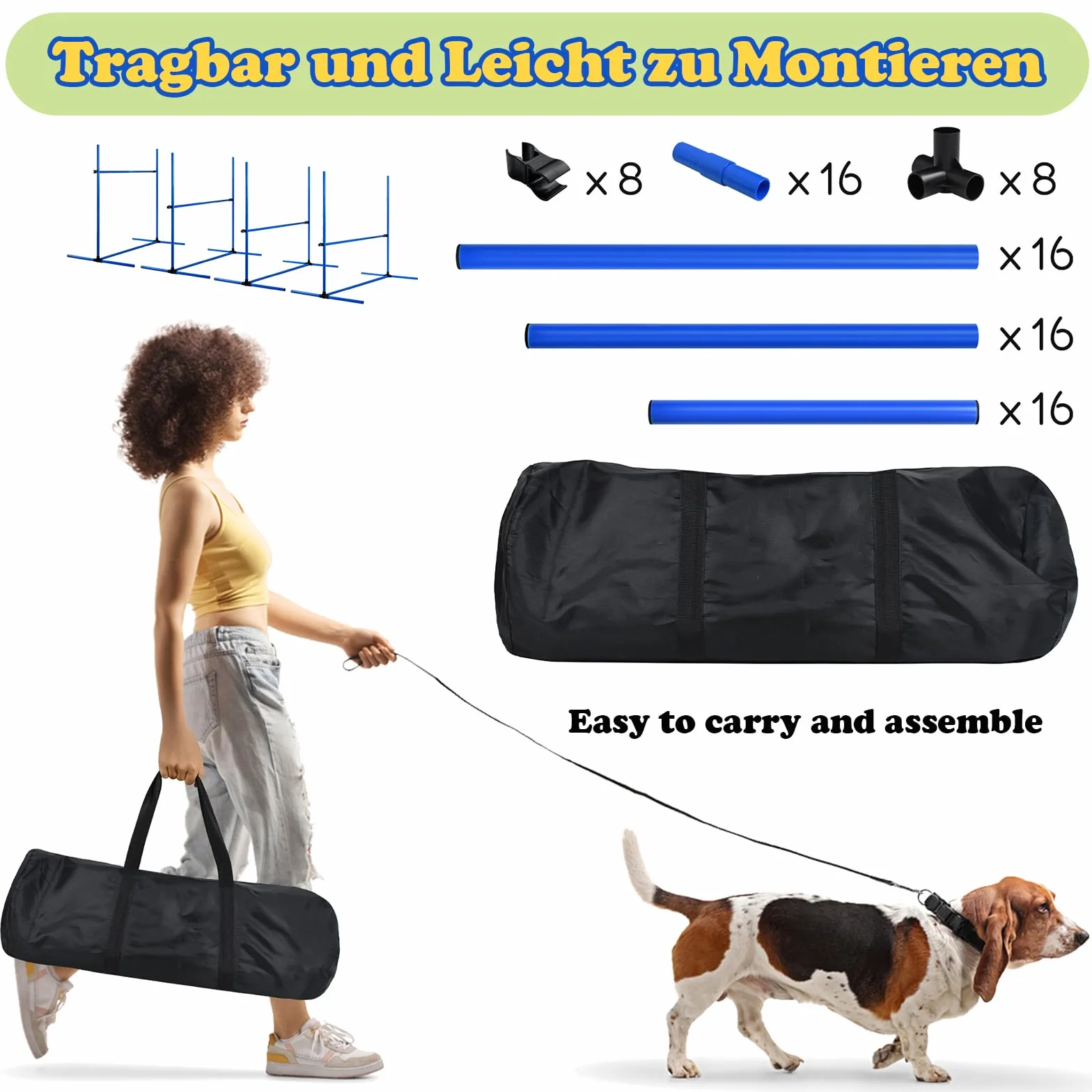 Kit d'équipement pour chien Agility 4 obstacles réglables en hauteur 104 x 70 x 101 cm Bleu