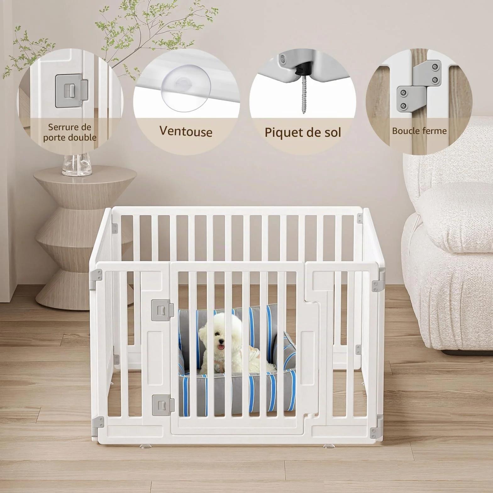 Parc pour Chien Gupamiga, Enclos pour Chiot Intérieur et Extérieur 89x89 cm, Cage Animaux avec Porte, Blanc