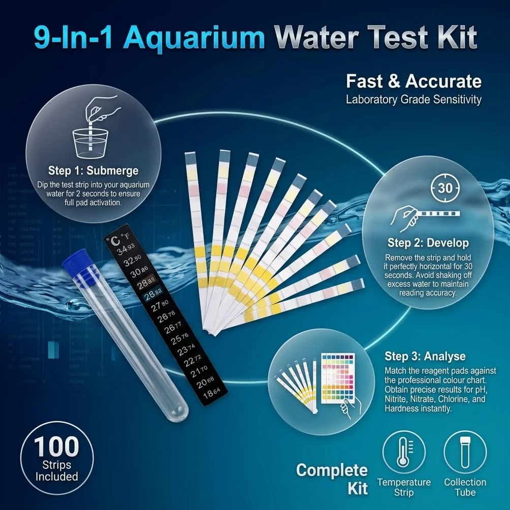 Bandelettes Test Eau Aquarium 9 en 1 Lot de 100, Kit Test Aquarium Eau Douce et Eau Salée