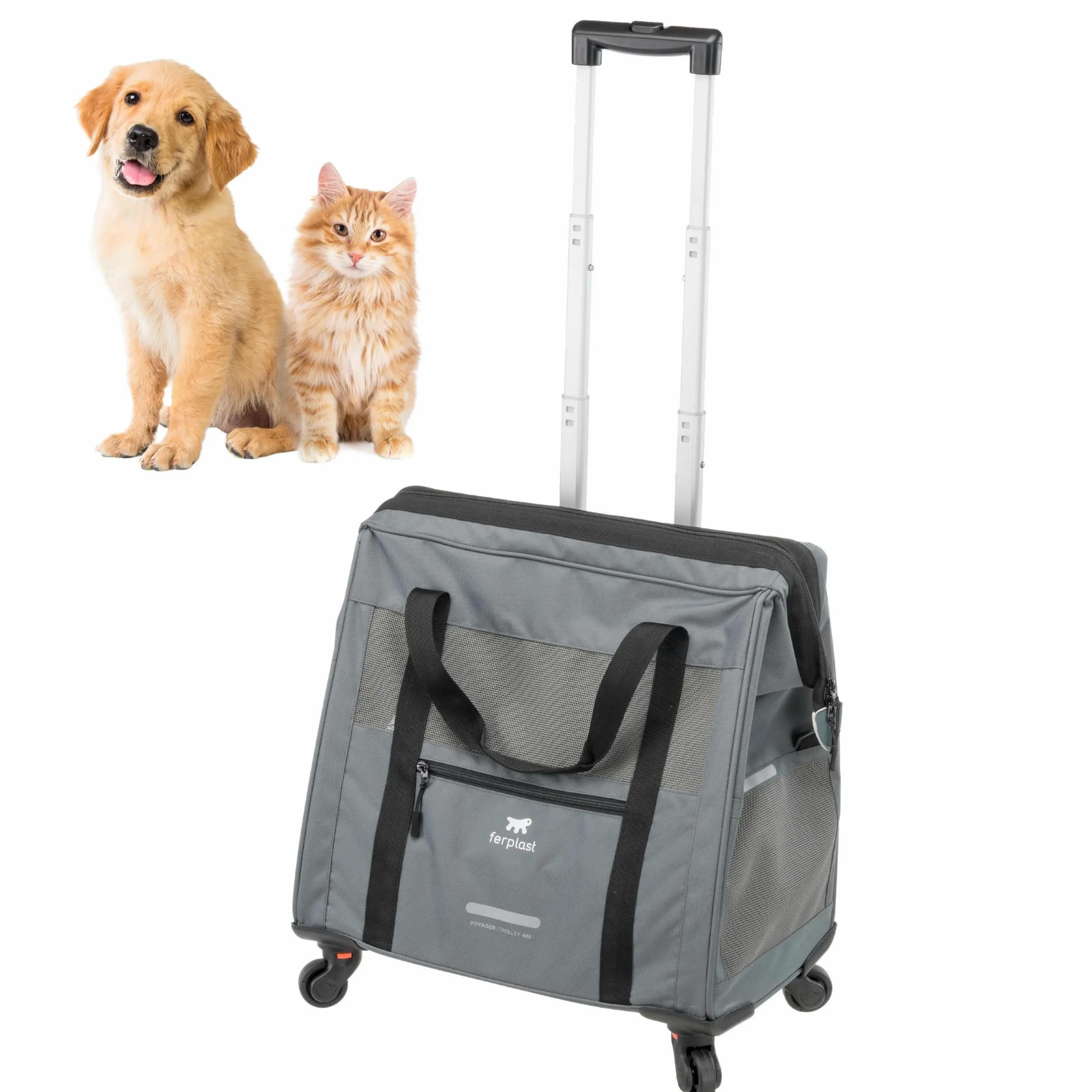 Ferplast Sac de Transport pour Chat Voyager Trolley, Sac Transport Chien, Poignée Extensible, Sangles Réglables, Large Ouverture, Roues Amovibles, Max 15 kg, 46 x 26 x 48H cm, Gris