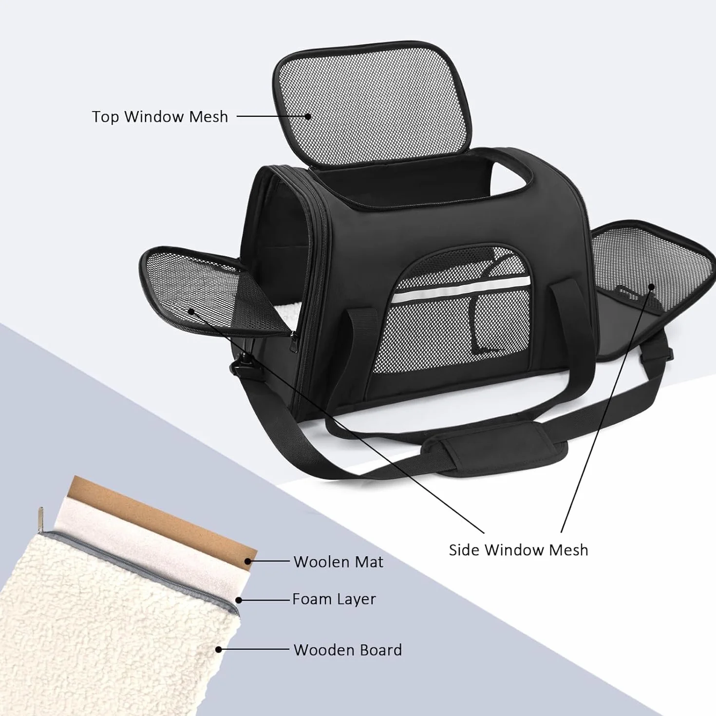 Transport Sac Chat Chien Caisse Respirant Pliable avec Matelas Amovible et Bol Noir