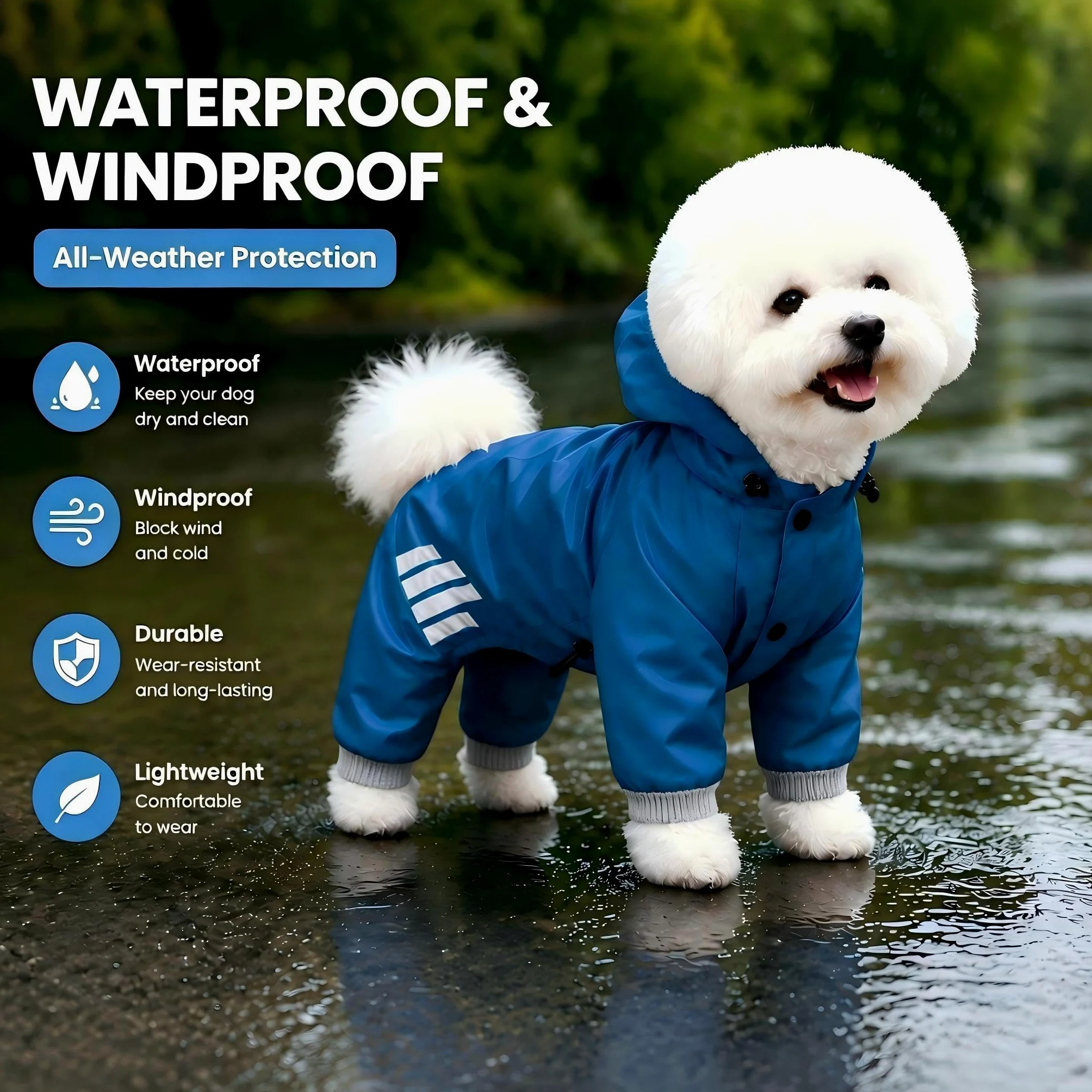 Manteau de pluie imperméable pour chiens de petite et moyenne taille avec capuche | Bandes réfléchissantes, facile à enfiler, accès à la laisse, plusieurs options de taille, tissu respirant à séchage rapide