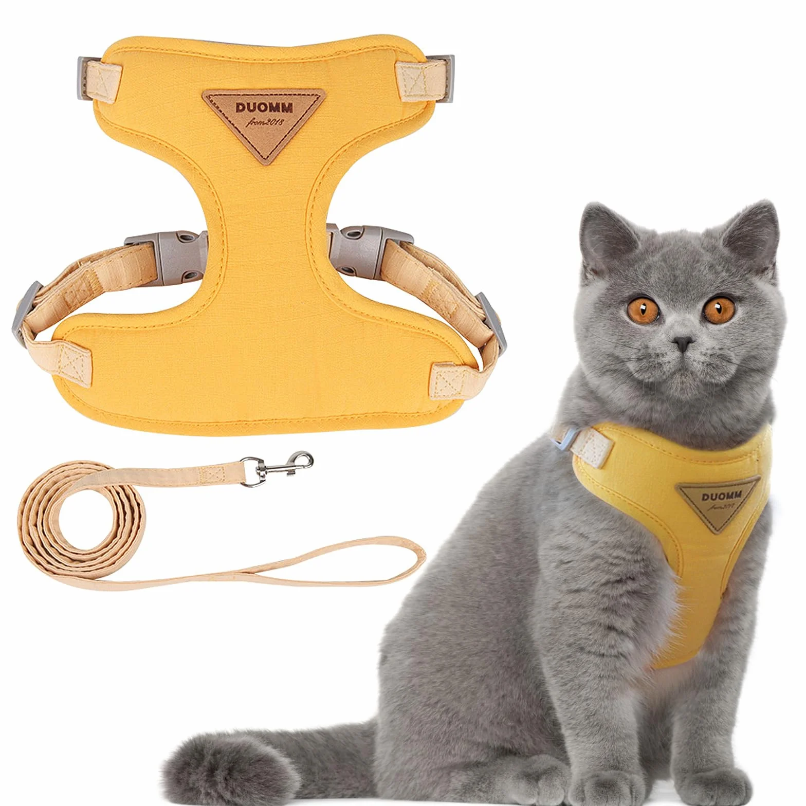 Harnais Chat Anti-évasion Respirant Réglable Gilet avec Collier et Laisse en Maille pour Animaux Jaune
