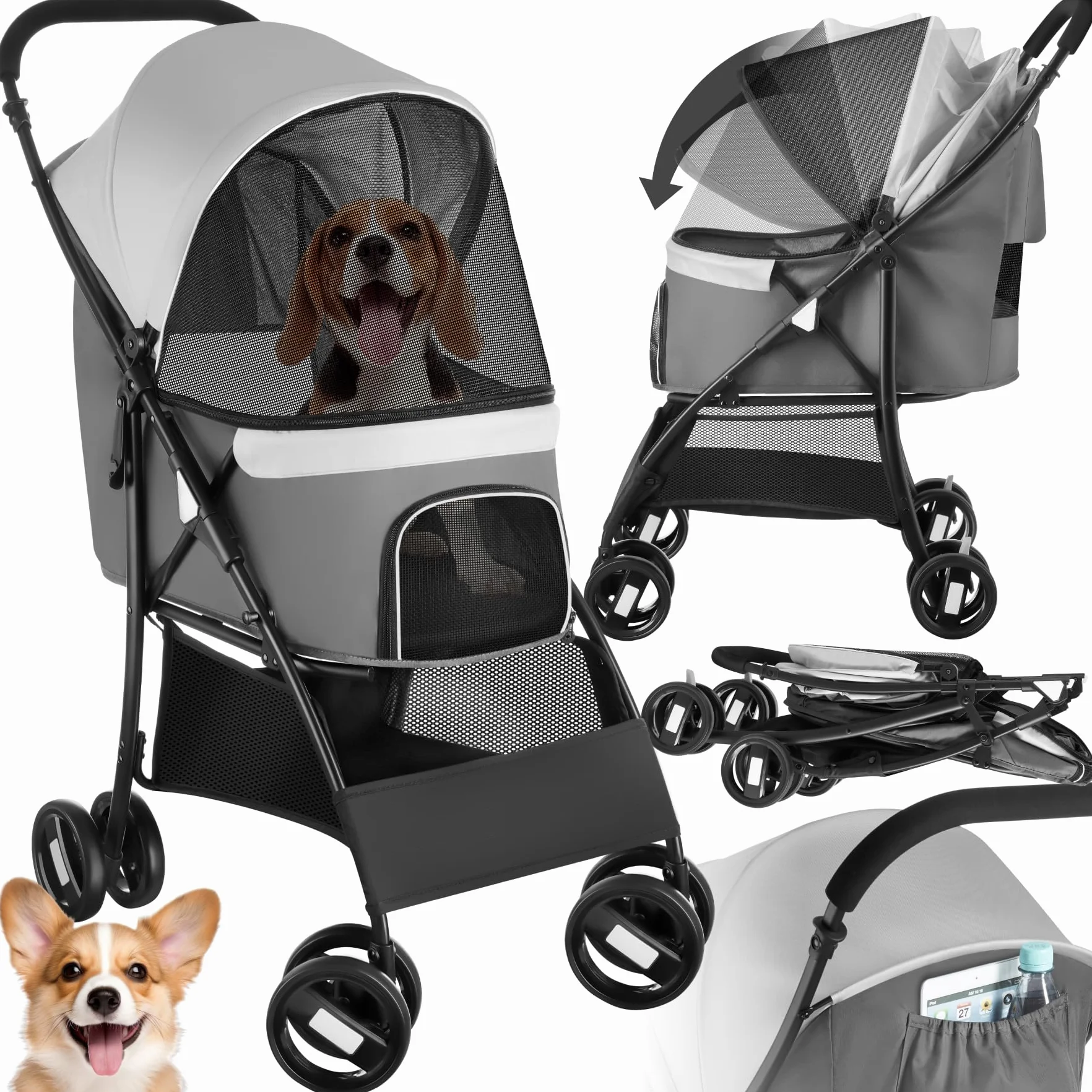 tectake® Poussette canne pour chien & chat avec Coussin amovible Poussette pliable avec tissu imperméable jusqu'à 12 kg Chariot pour chien Poussette chat Chariot pliant pour transport chats