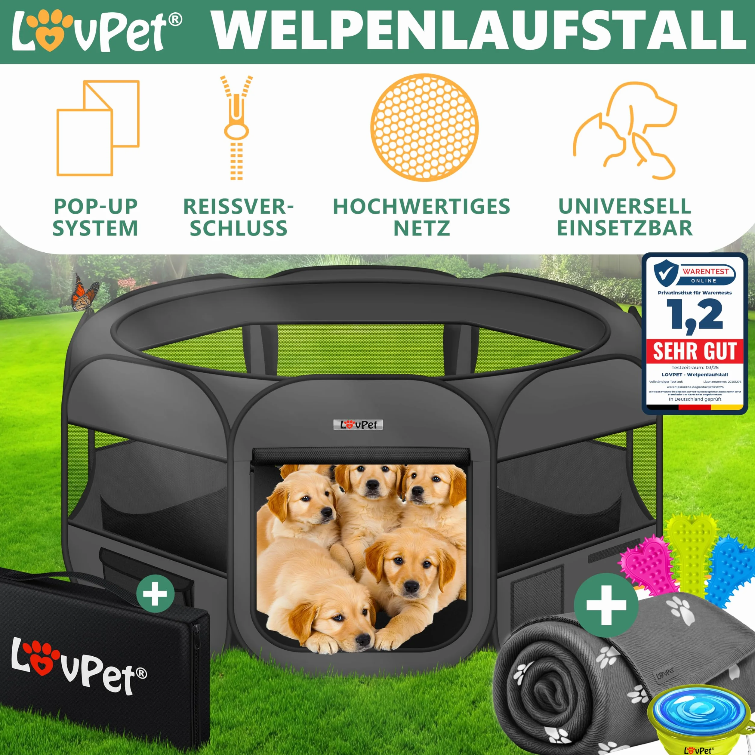 LOVPET Parc pour Chiots Pliable Tissu Oxford pour Petits Animaux Chiens Chats avec Gamelle Anthracite/Noir