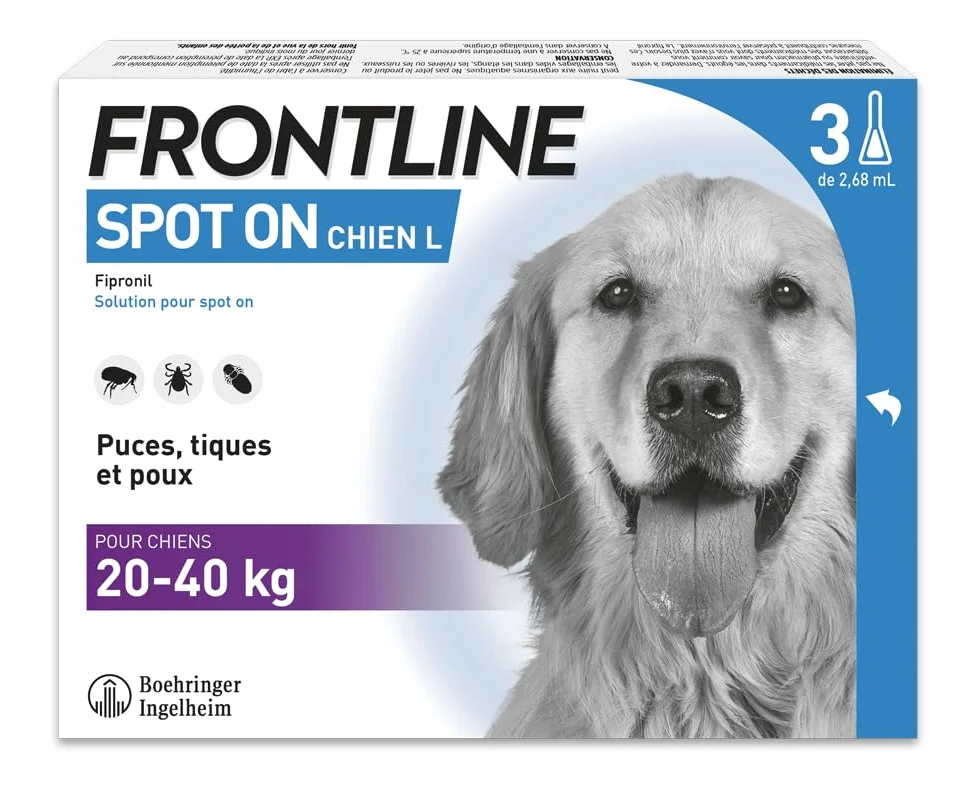 Frontline Spot on Chien Anti Puces Anti-Tiques 3 Pipettes 20-40 kg Fabriqué en France