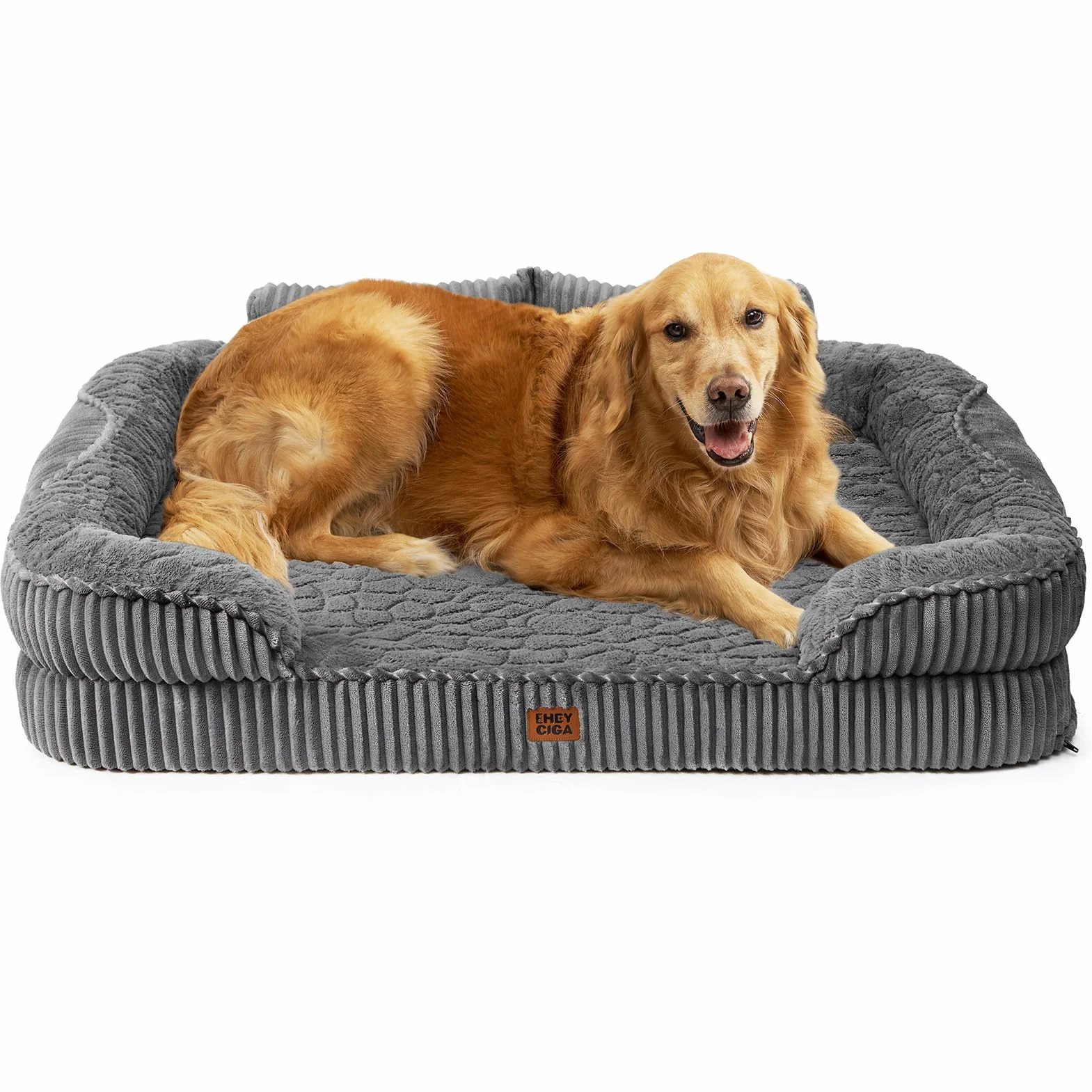 EHEYCIGA Panier Chien Orthopédique XXL 107x76cm Mémoire de Forme Déhoussable Lavable Gris