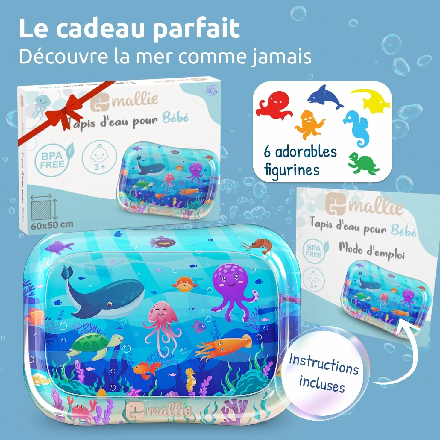 Mallie Tapis d'Eau Bébé Éveil, Tapis de Jeu pour Tummy Time 0-6 Mois, Tapis Gonflable Fille Garçon