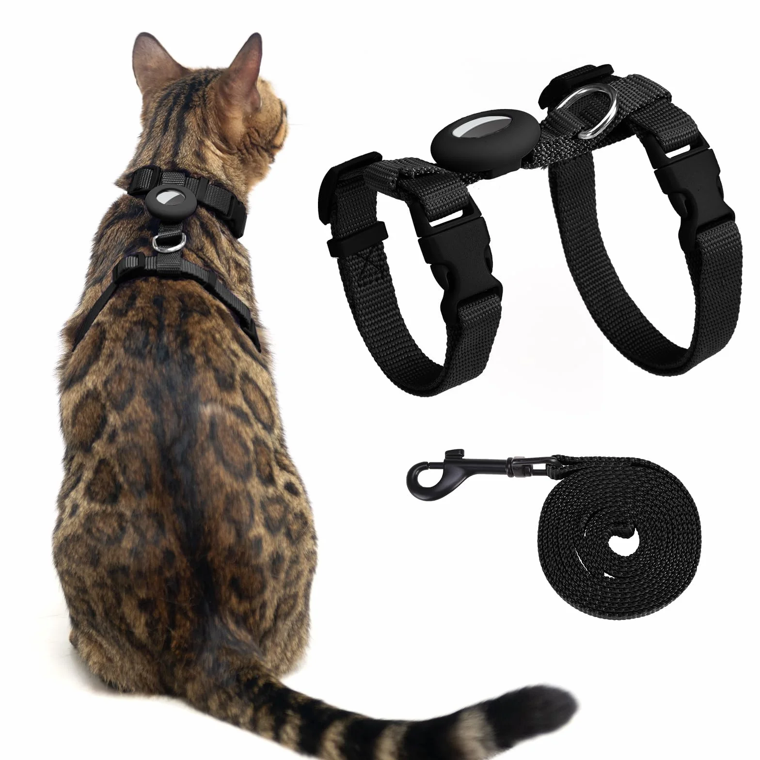 Harnais Anti-Fugue pour Chaton avec Support Airtag, Gilet Réglable Léger (Noir)