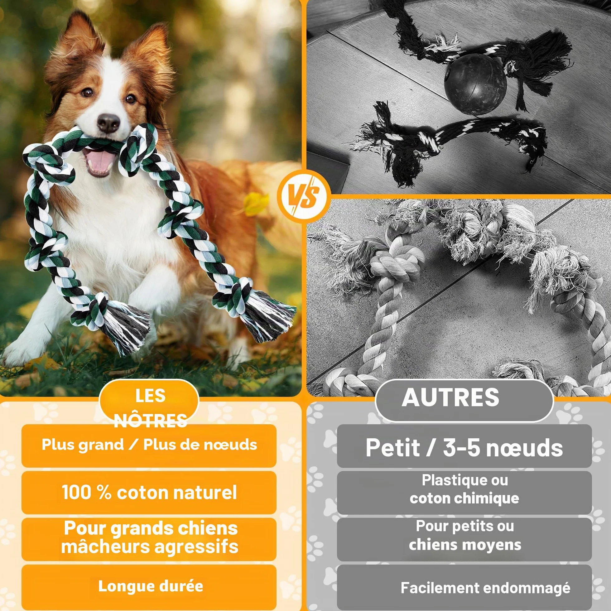 Corde de Jouet Chien Durable 100cm Grand 6-Nœuds 100% Coton Jouet à Mâcher pour Nettoyage des Dents