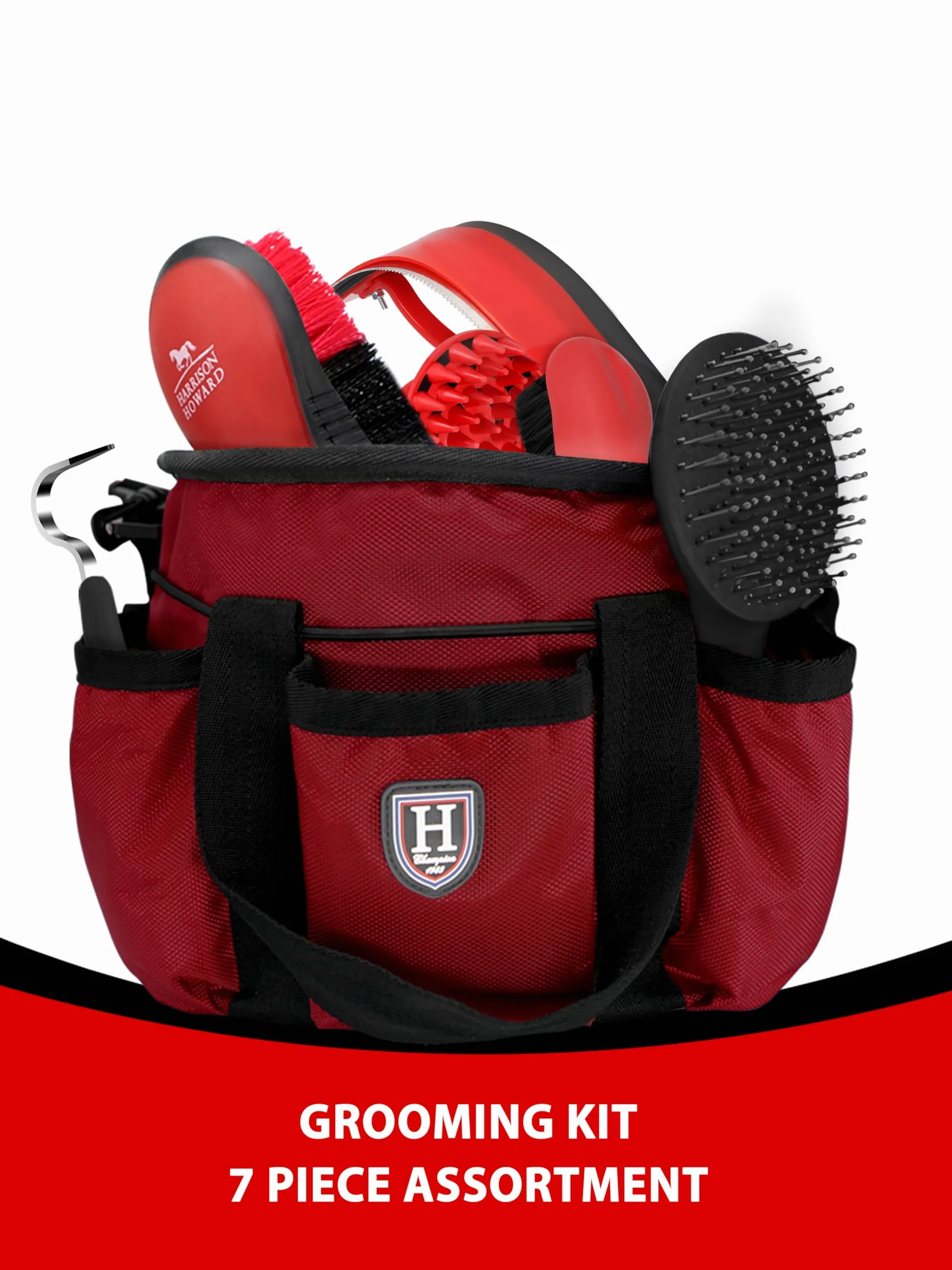 Harrison Howard Kit de 7 brosses de toilettage pour cheval avec sac de rangement Equine Care Rouge