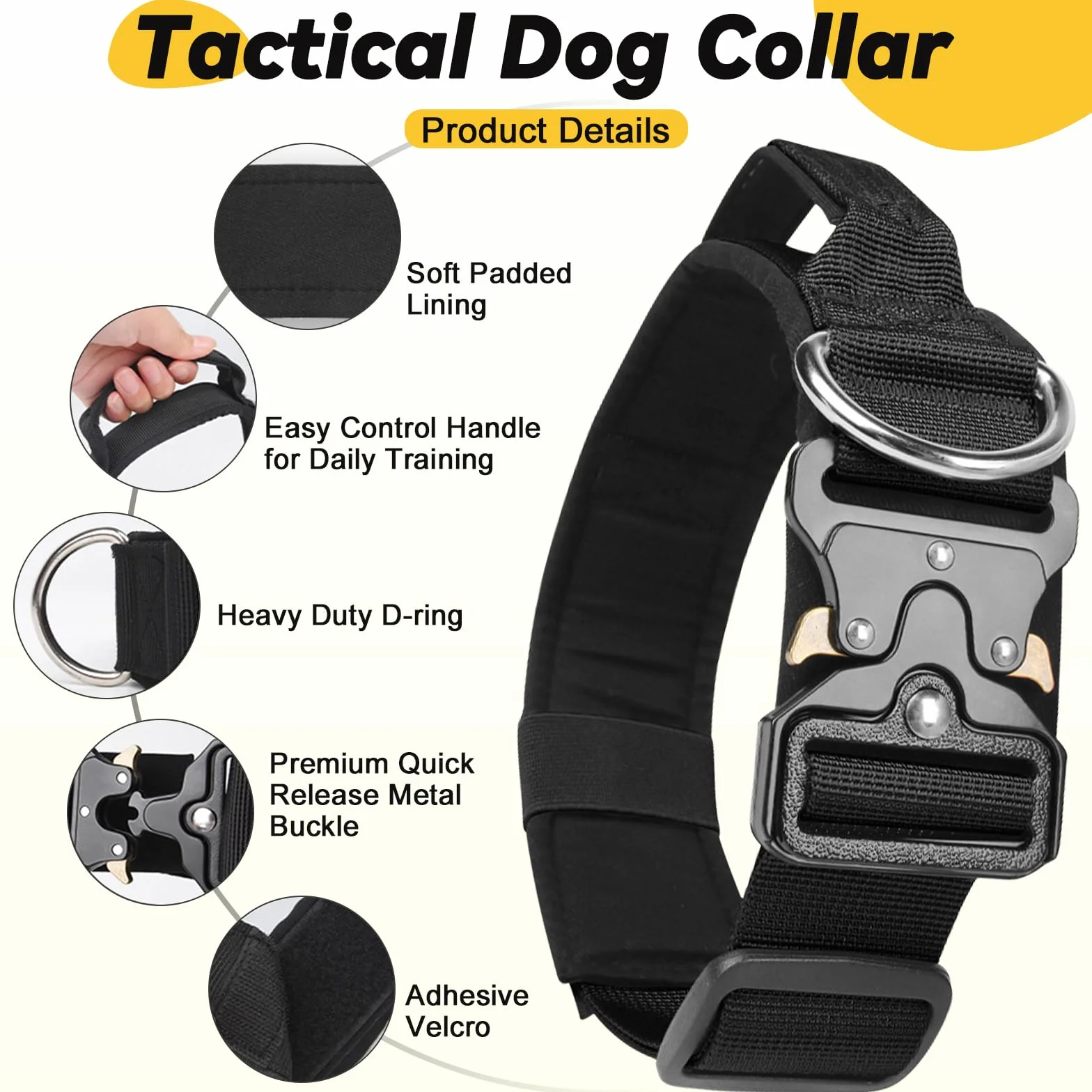 Collier Tactique pour Chien Durable Nylon Réglable avec Poignée Boucle Métal Noir XL