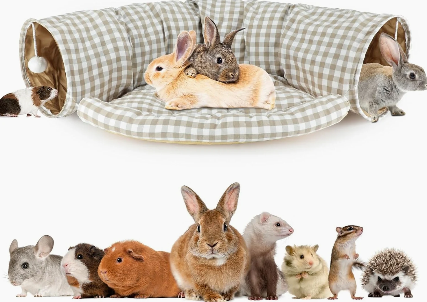 Lit tunnel pour lapin 2 en 1 – Tunnel pliable avec tapis amovible, tunnel douillet lavable pour lapins, cochons d'Inde et chats, espace de jeu et de couchage confortable pour petits animaux