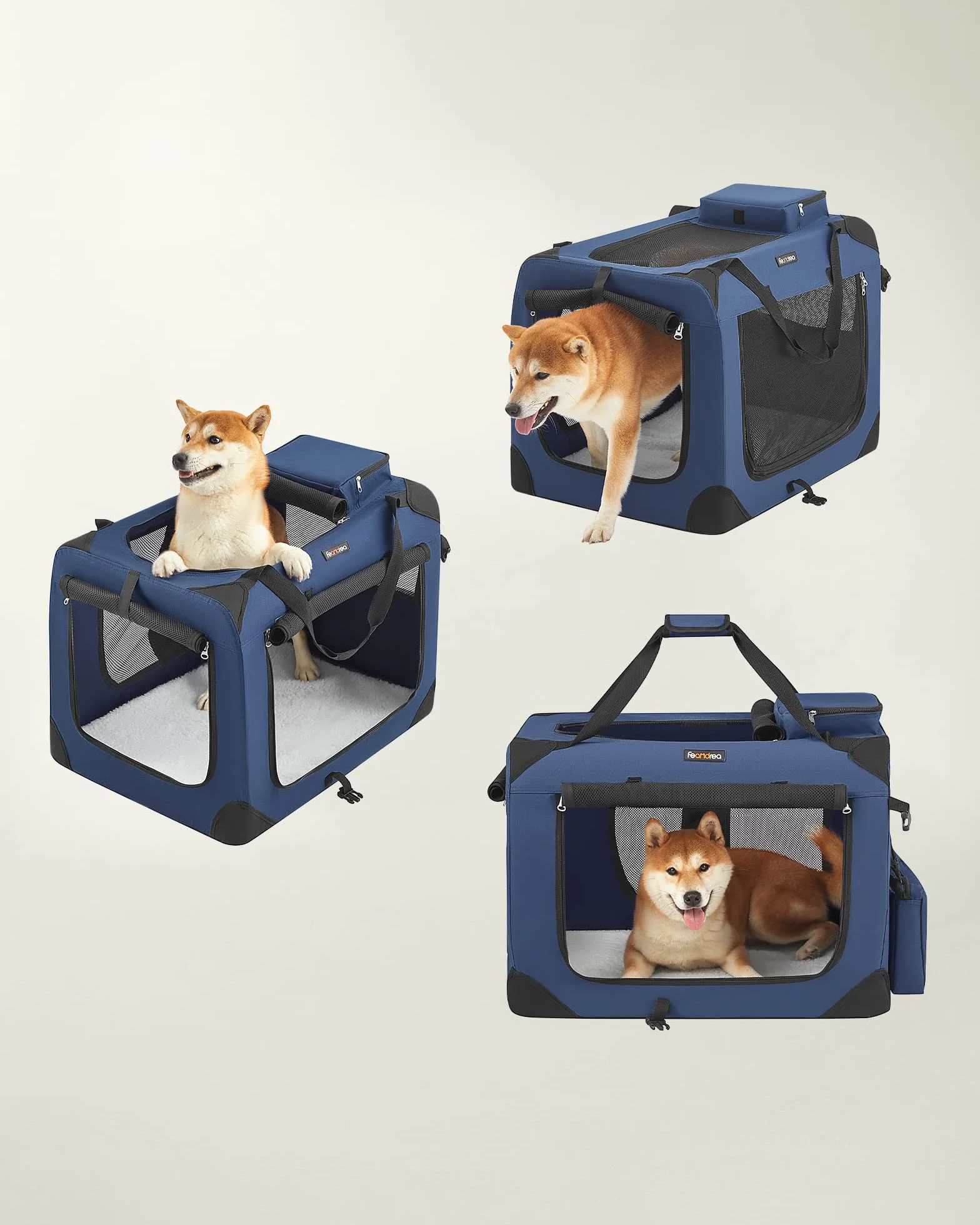 Feandrea Sac Transport Chat Chien Caisse Pliable Animaux de Companie Taille L Tissu Oxford Filet Respirant Portable Cadre Métal Poignées Pochettes 70 x 52 x 52 cm Bleu Foncé