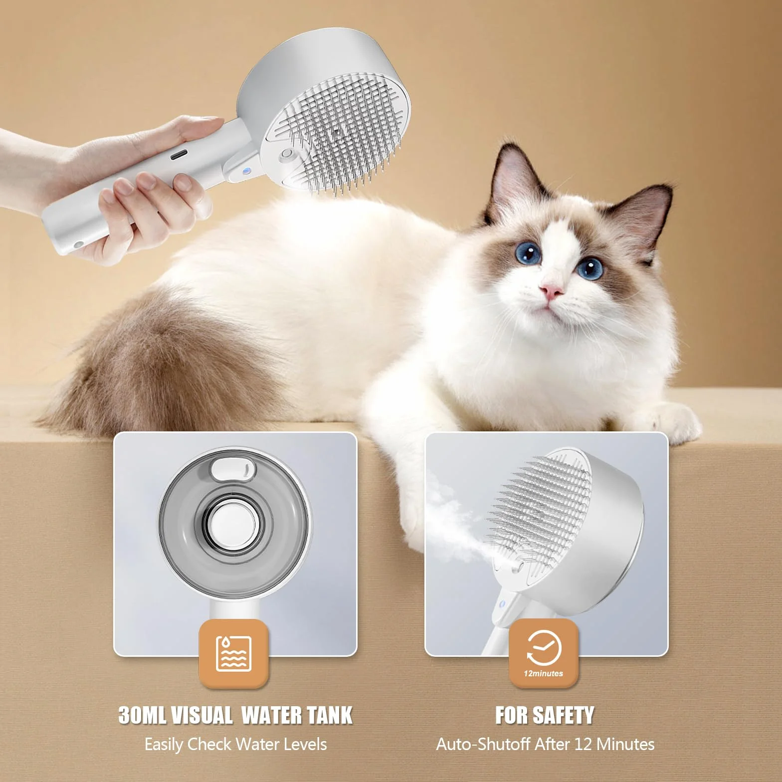 Brosse Chat Vapeur 4 en 1 Autonettoyant pour Chien et Chat Poil Long Court