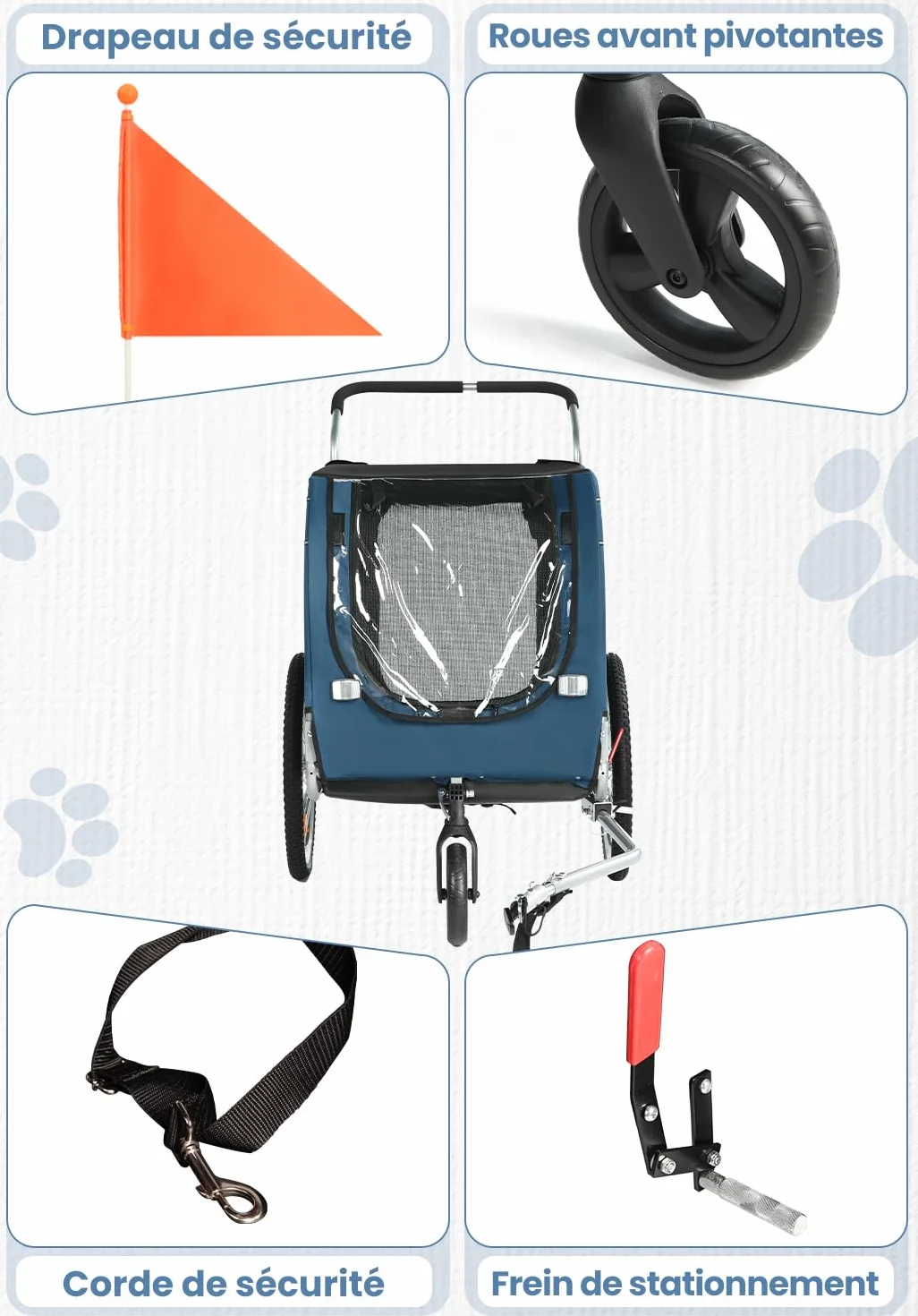 SEPNINE Remorque Vélo Chiens XL, Remorque 2 en 1 Pliable avec Frein de Stationnement, Charge Max 40 kg, Bleu