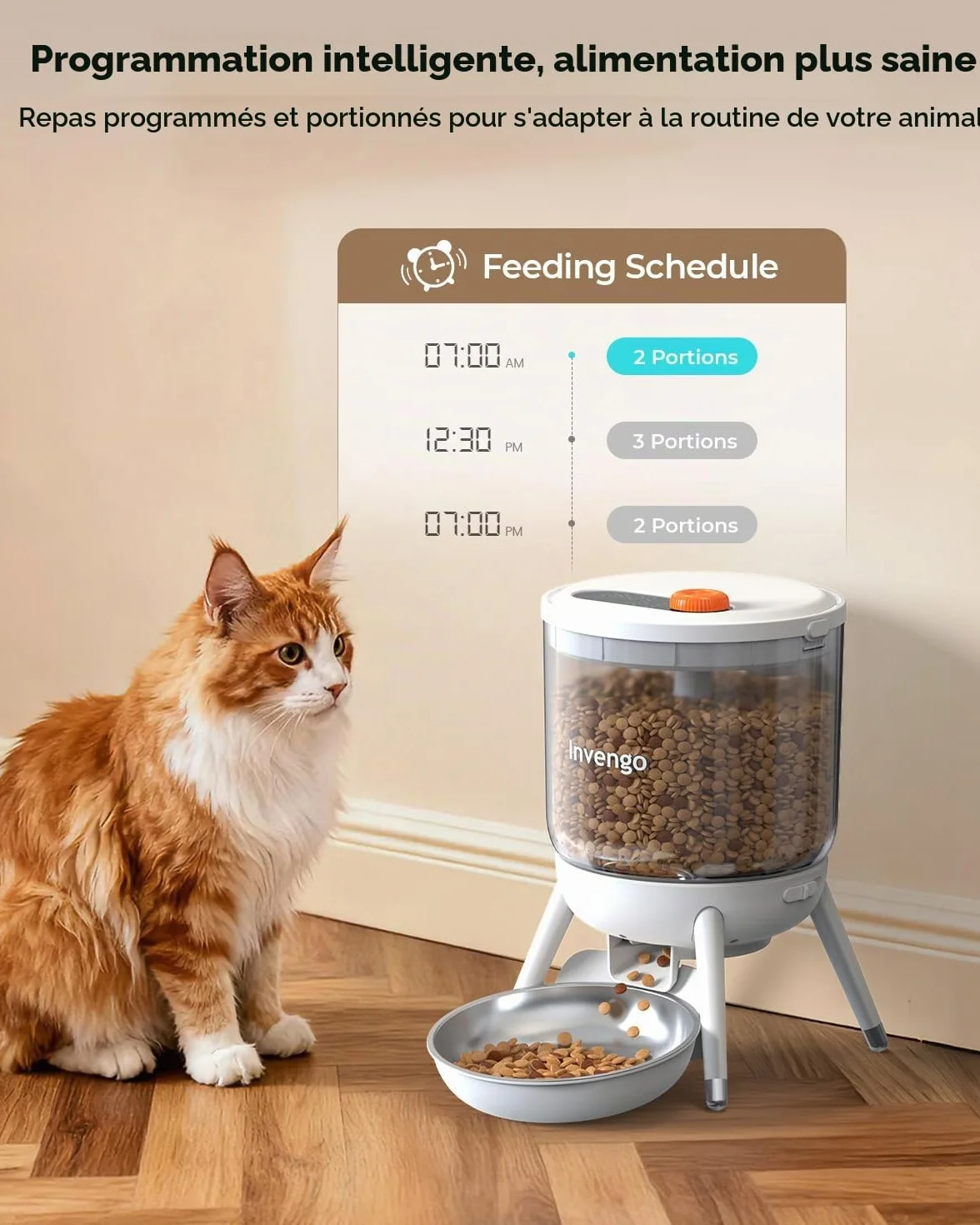 Distributeur Croquettes Chat Automatique Programmable Invengo, Double Alimentation, Anti-Insecte, Trémie 3L, Blanc