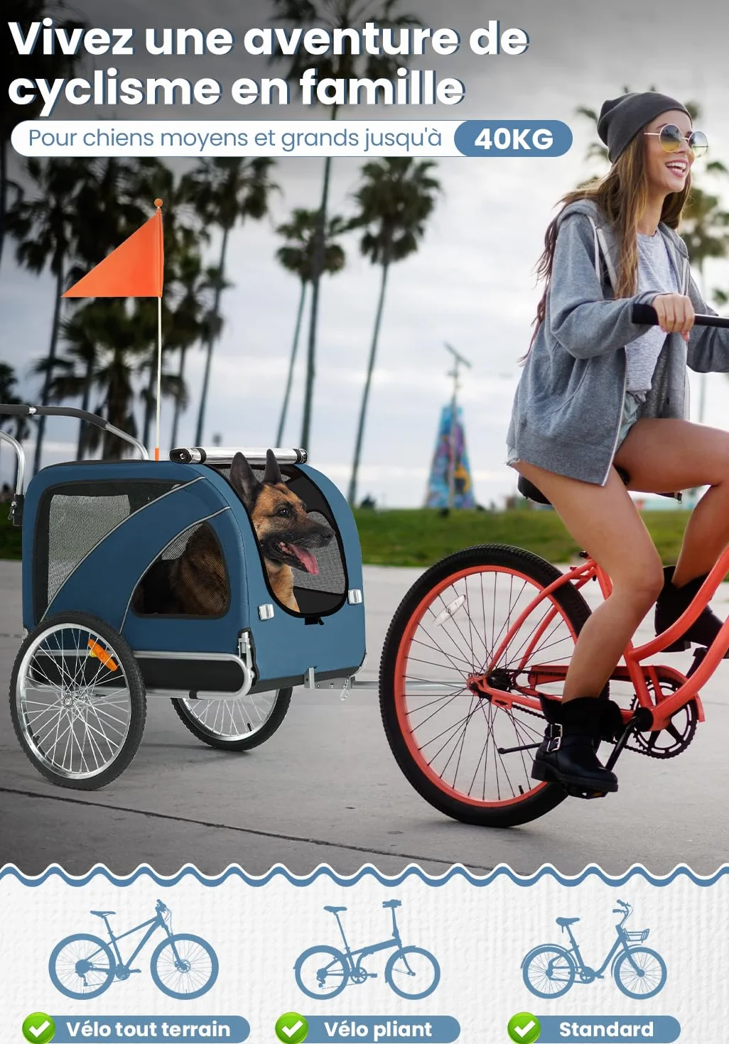 SEPNINE Remorque Vélo Chiens XL, Remorque 2 en 1 Pliable avec Frein de Stationnement, Charge Max 40 kg, Bleu