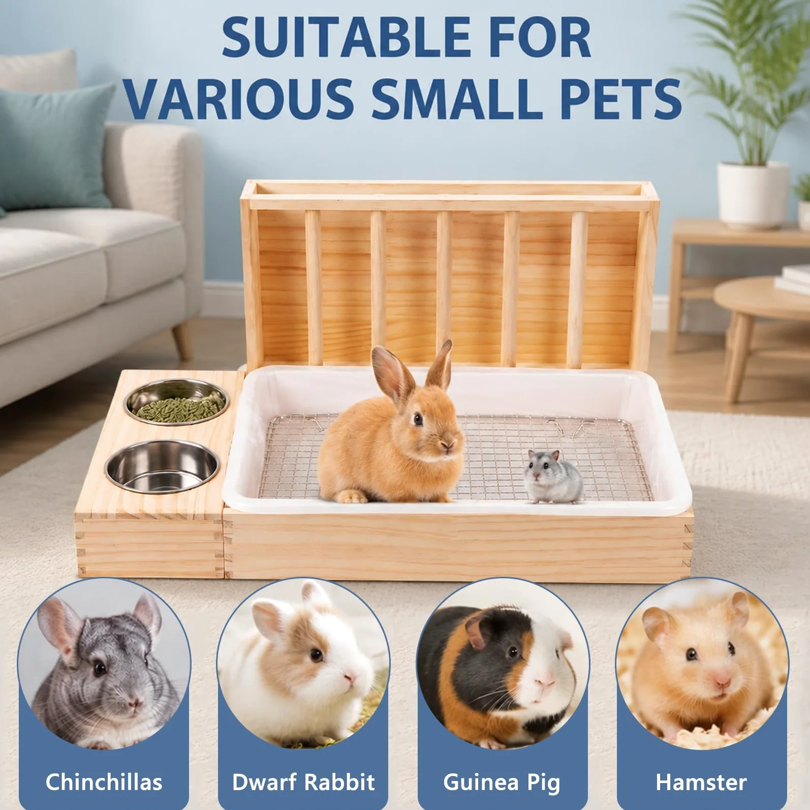 Râtelier à Foin Viridux pour Lapins, râtelier à Foin en Bois 3 en 1 | avec grille en acier inoxydable et outil de nettoyage, distributeur automatique de nourriture